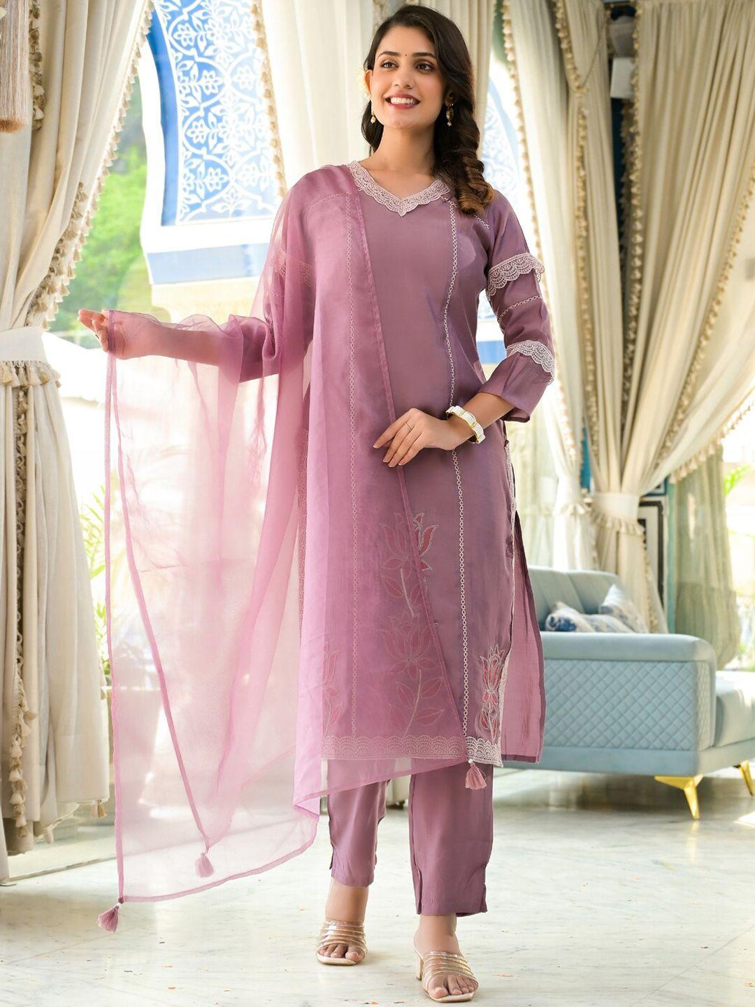 readiprint fashions women mauve floral embroidered regular patchwork pure silk kurta with palazzos & with