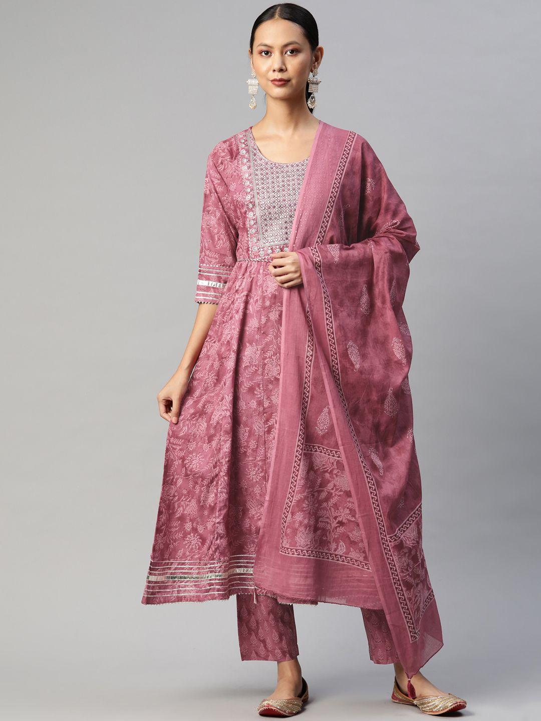 readiprint fashions women mauve floral printed panelled mirror work pure cotton kurta with palazzos & with