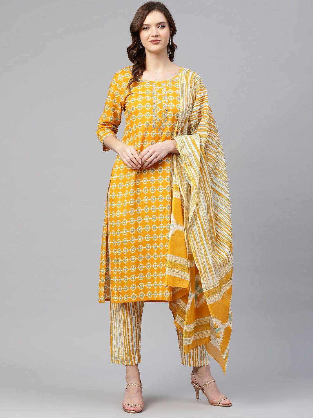 readiprint fashions women mustard & white geometric print kurta with trousers & dupatta