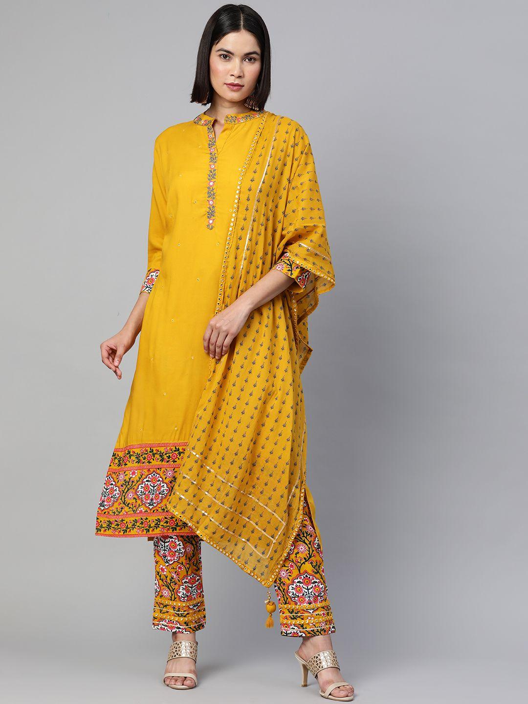 readiprint fashions women mustard yellow floral embroidered thread work kurta with trousers & with dupatta