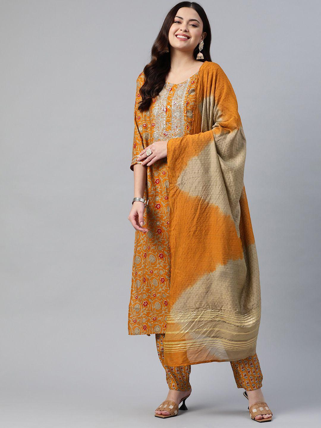 readiprint fashions women mustard yellow floral printed kurta set
