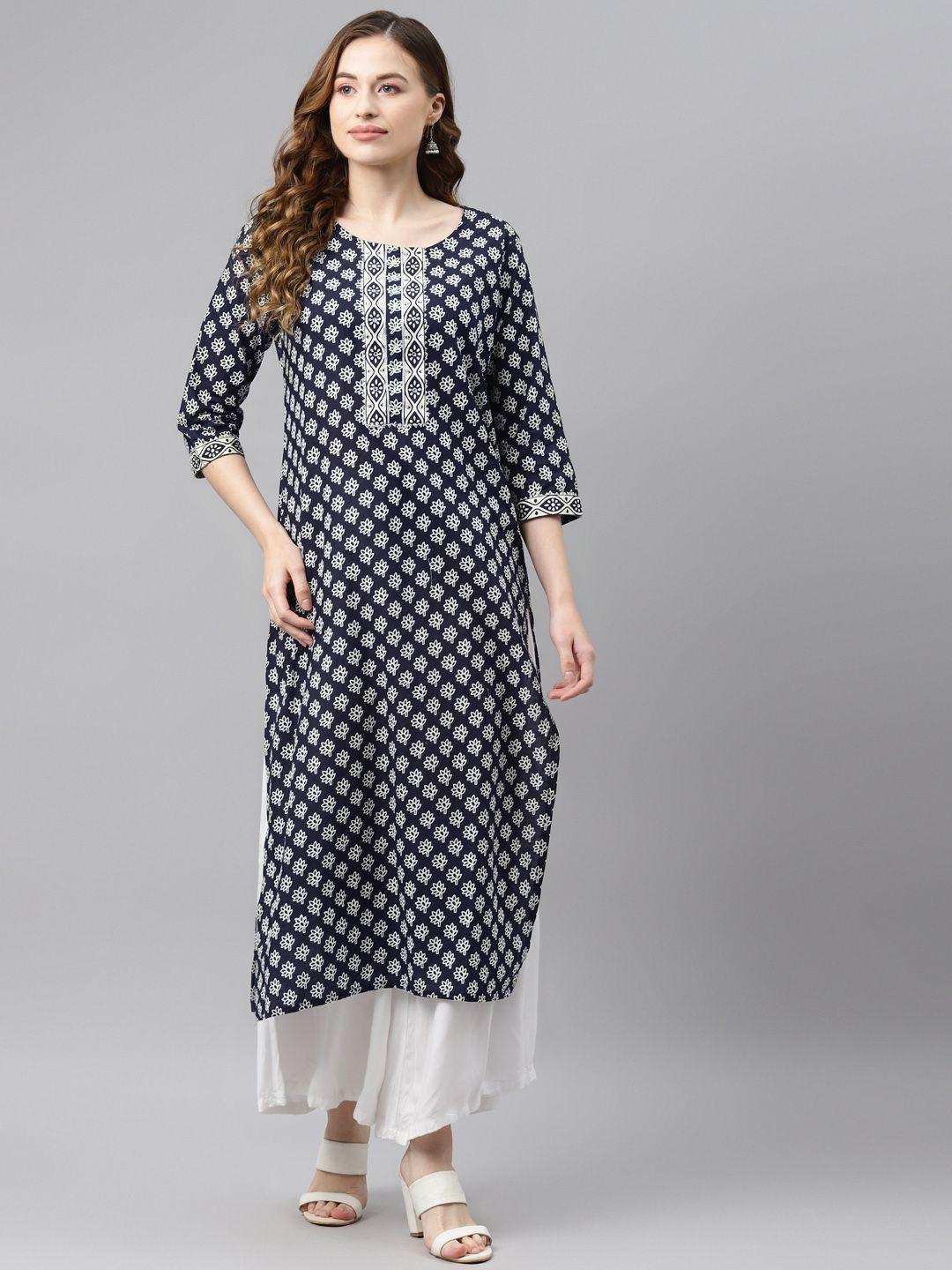 readiprint fashions women navy blue & white cotton ethnic batik print gotta detail kurta