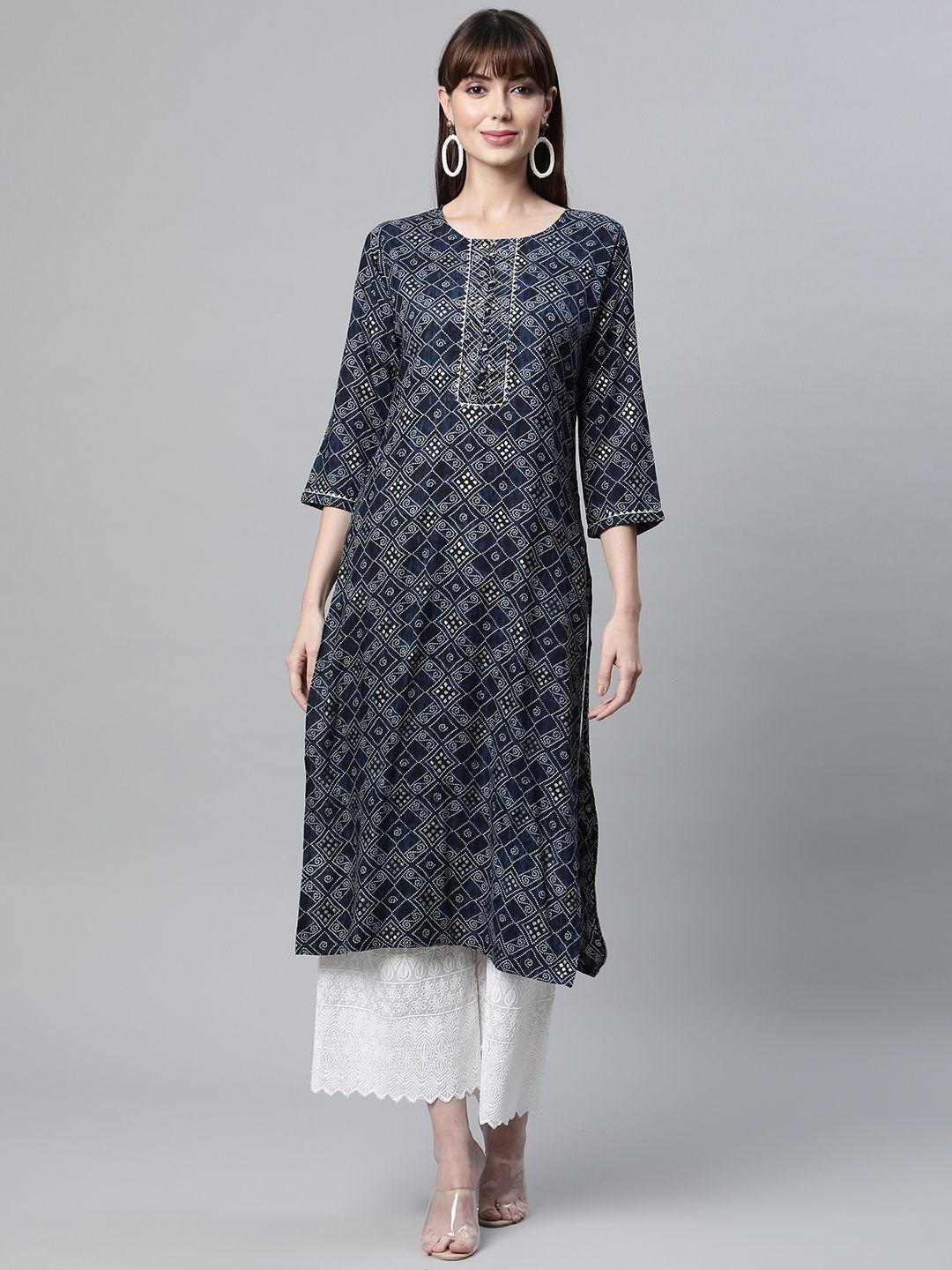 readiprint fashions women navy blue bandhani printed kurta