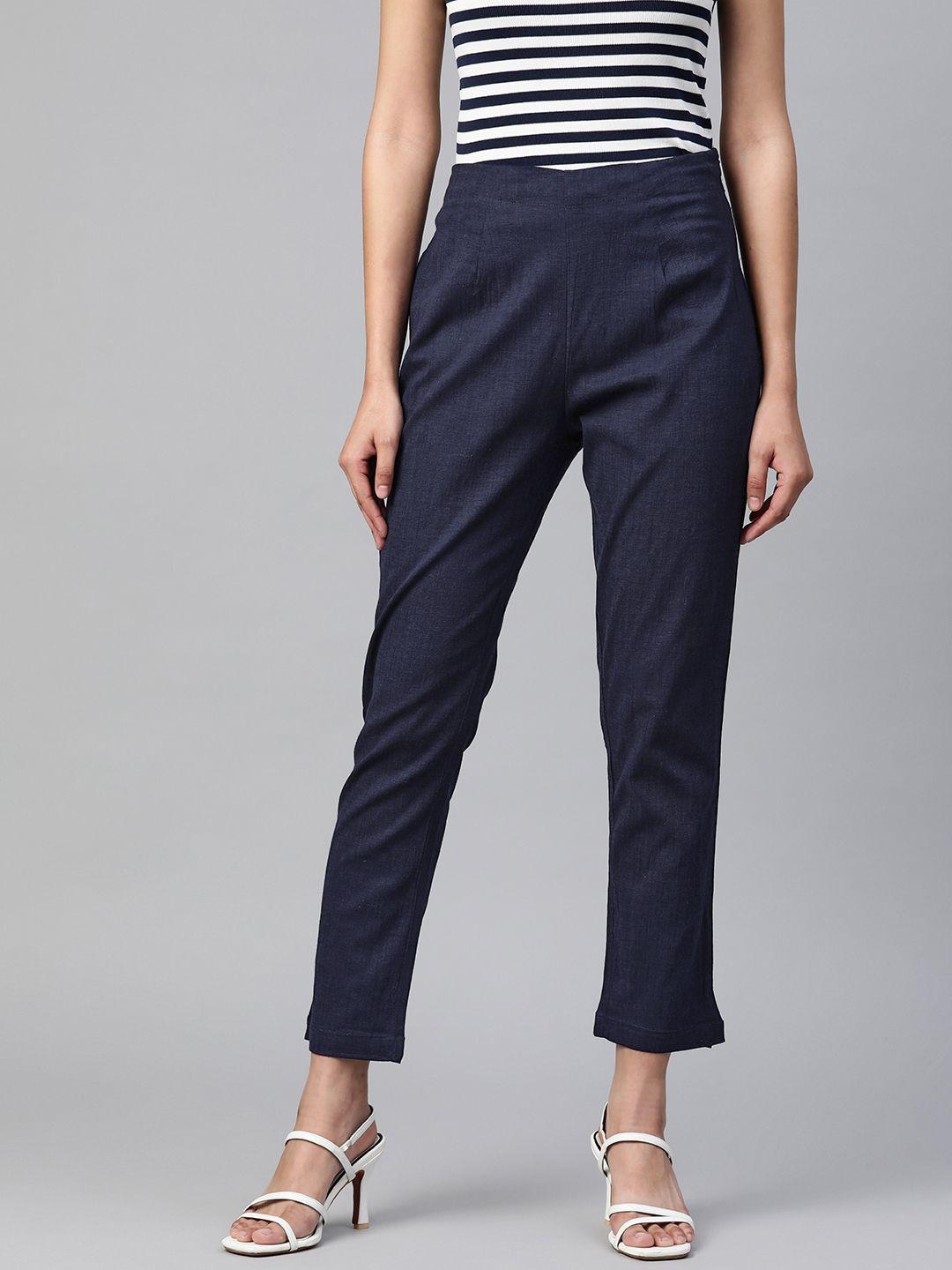 readiprint fashions women navy blue easy wash cropped regular trousers