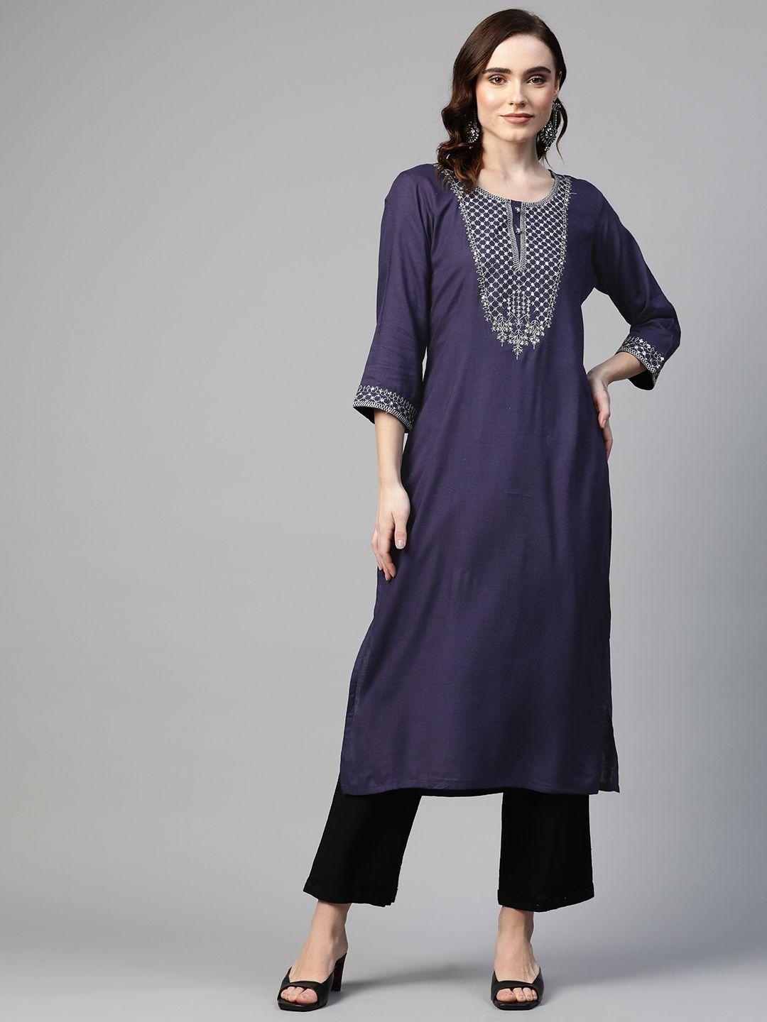 readiprint fashions women navy blue ethnic motifs embellished kurta