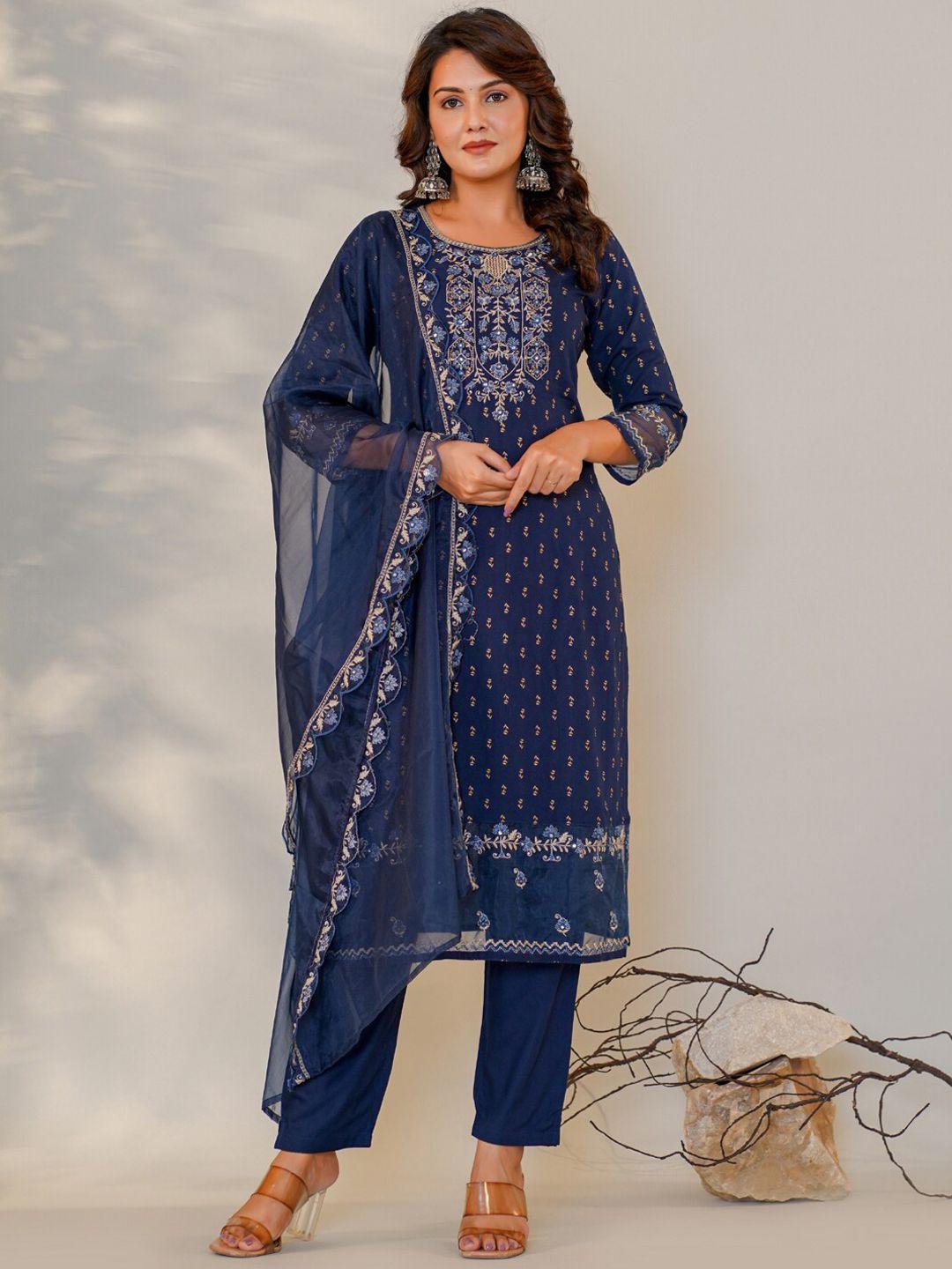 readiprint fashions women navy blue floral embroidered regular thread work kurta with palazzos & with dupatta