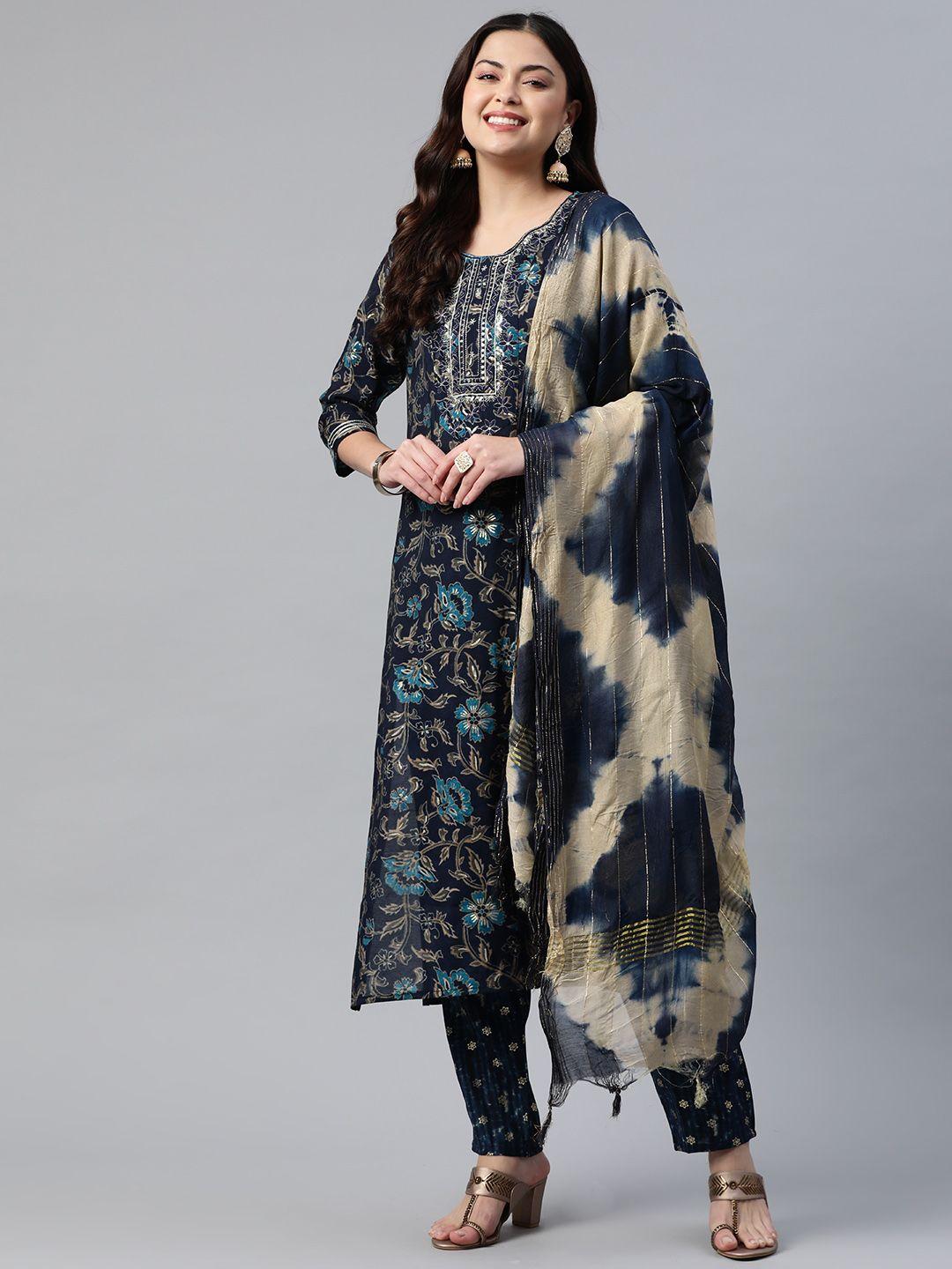 readiprint fashions women navy blue floral printed sequinned kurta with trousers & dupatta