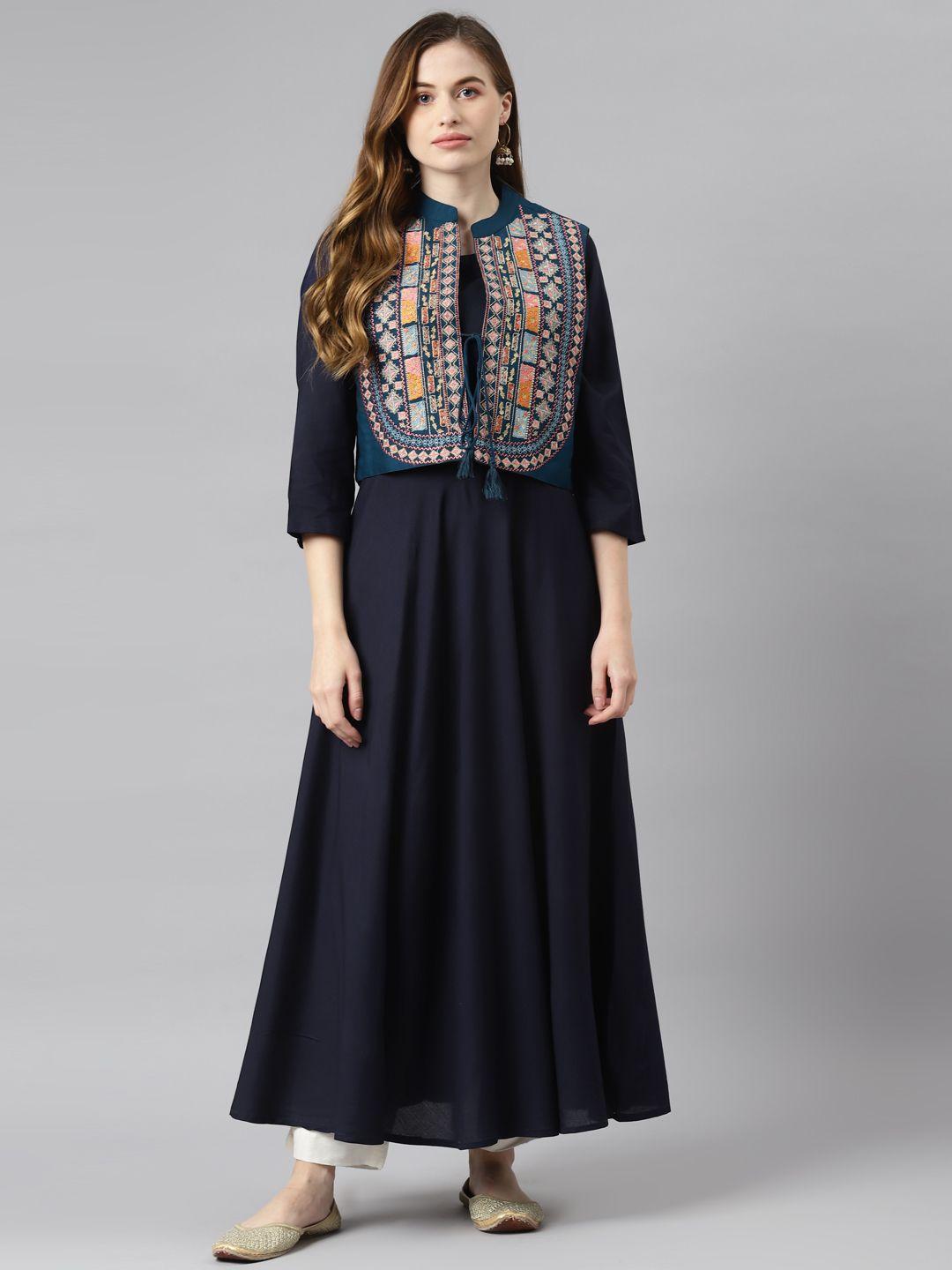 readiprint fashions women navy blue geometric embroidered kurta with jacket