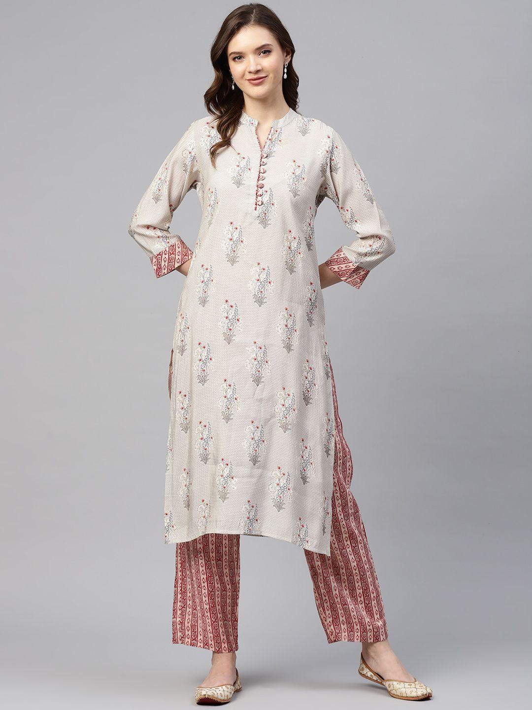 readiprint fashions women off white & red ethnic motifs print kurta with trousers