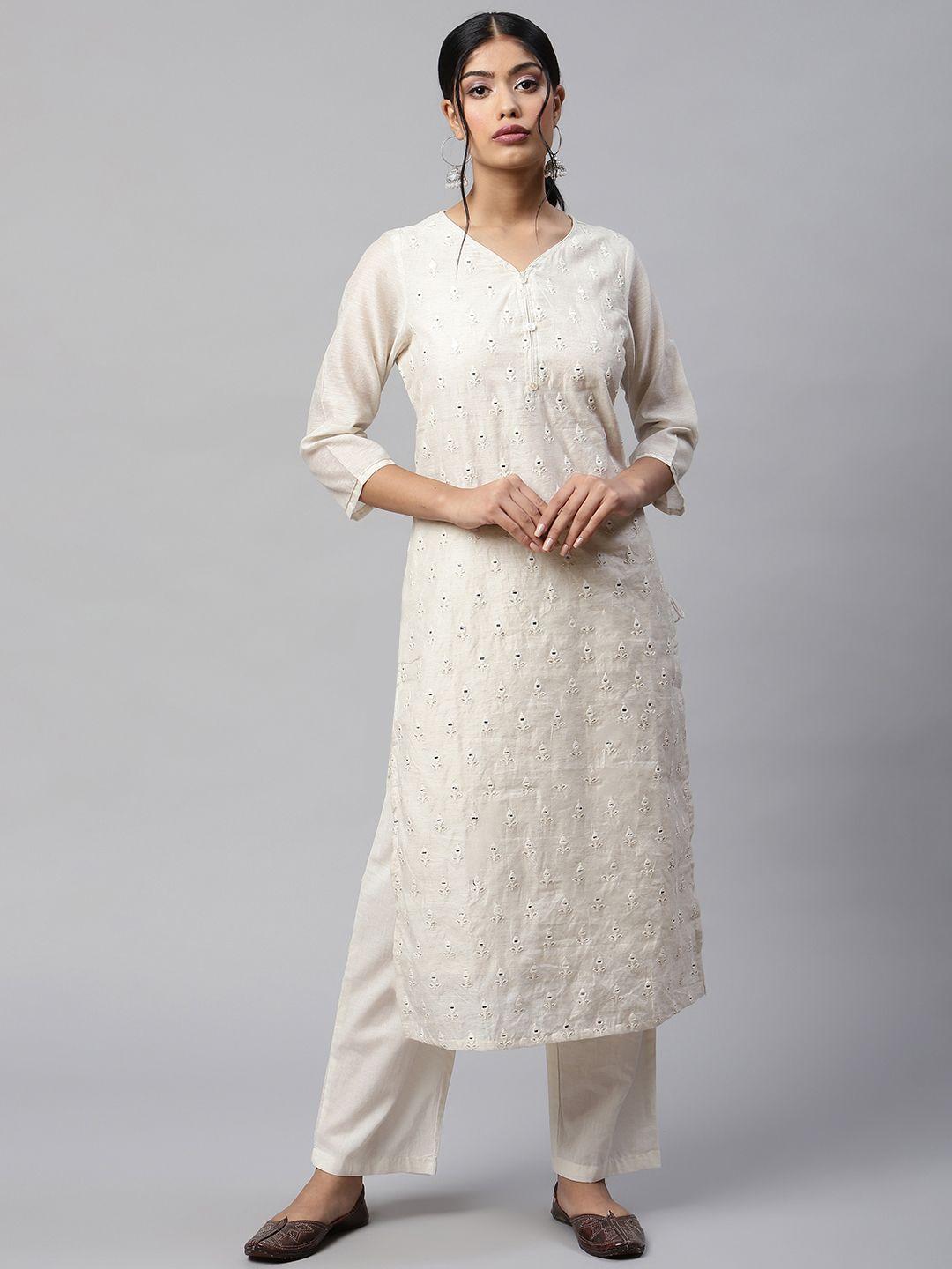 readiprint fashions women off white embroidered mirror work straight kurta palazzos