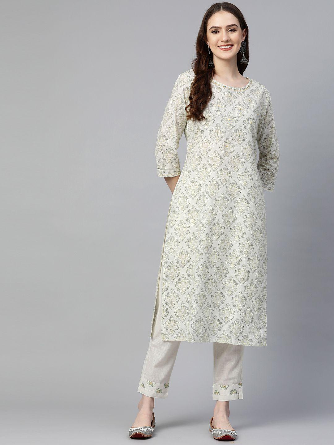 readiprint fashions women off white ethnic motifs printed thread work pure cotton kurta with trousers