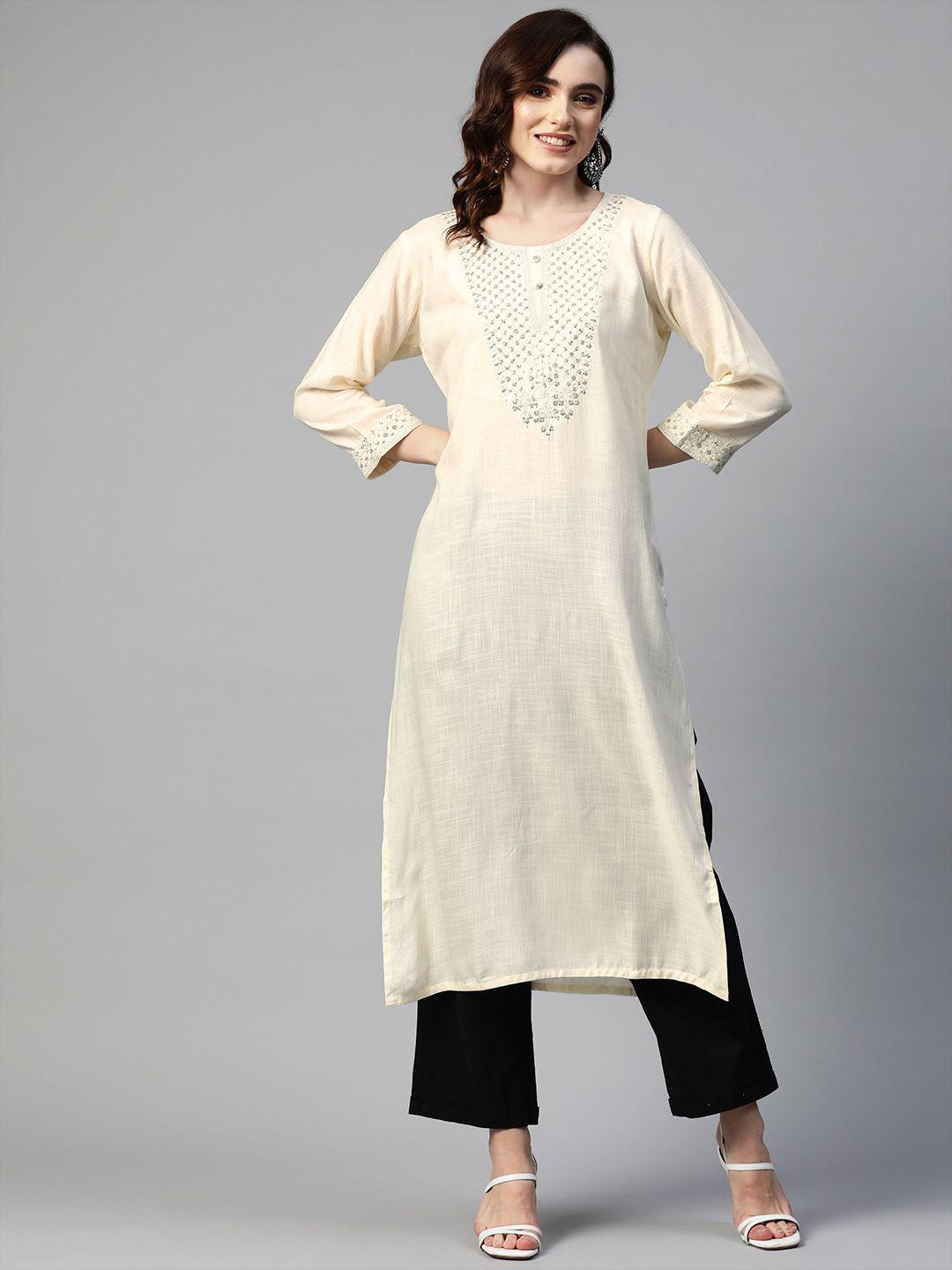 readiprint fashions women off white sequined yoke design kurta