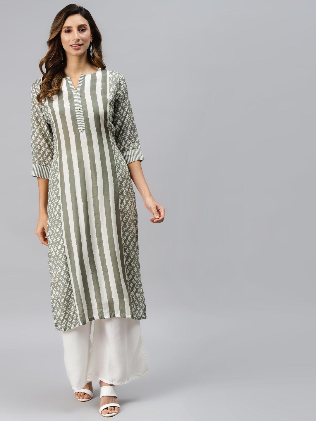 readiprint fashions women olive green & white motifs striped regular kurta with palazzos
