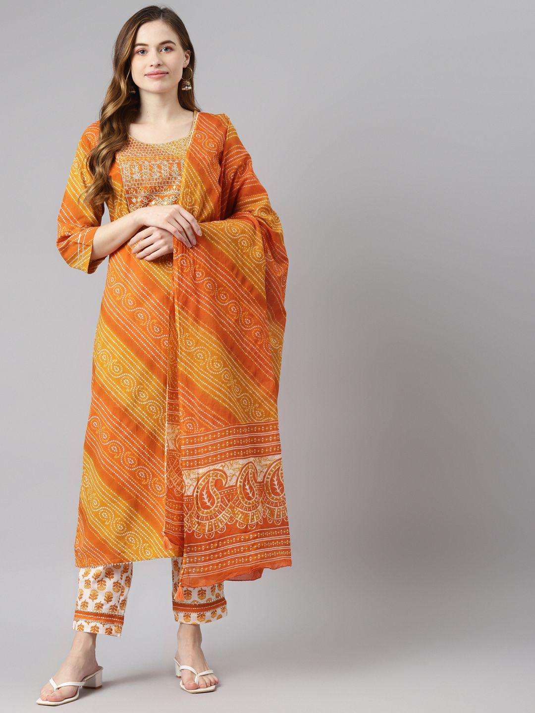 readiprint fashions women orange & mustard yellow bandhani print pure cotton kurta set