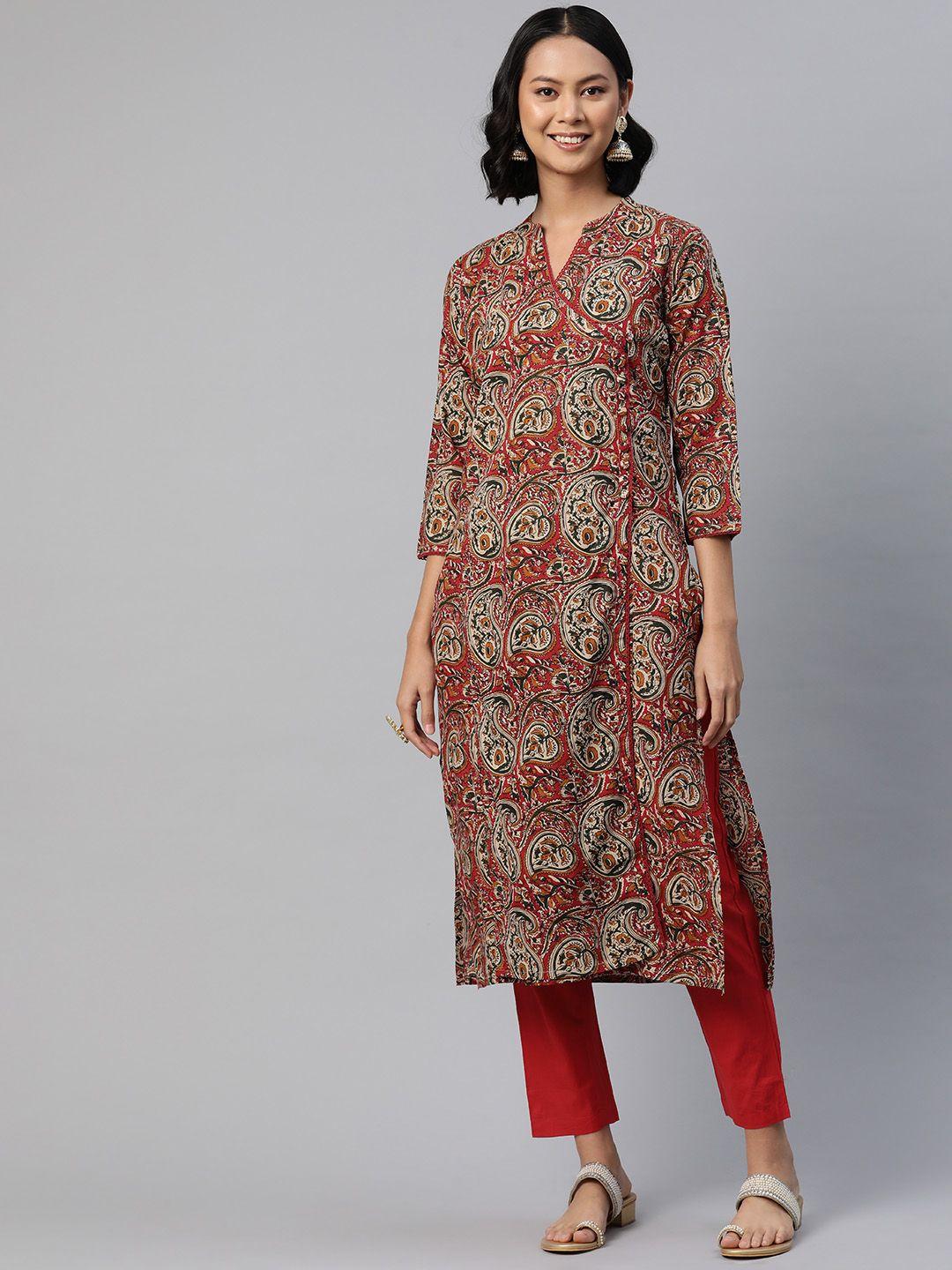 readiprint fashions women paisley printed angrakha sequinned pure cotton kurta with salwar