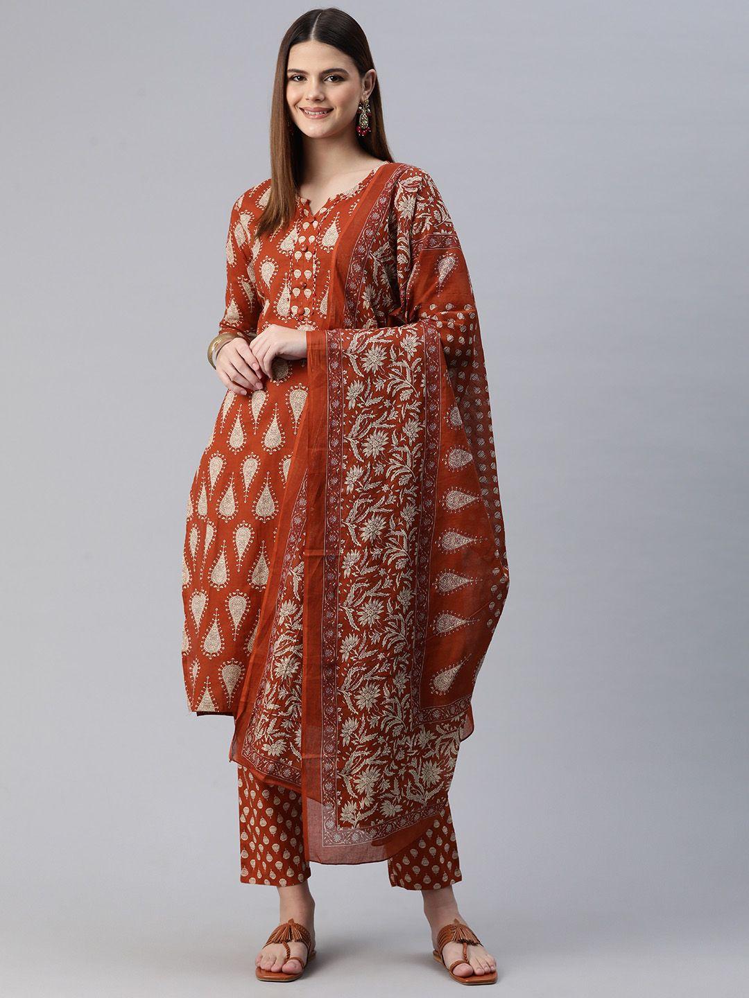 readiprint fashions women paisley printed regular thread work pure cotton kurta with trousers & with dupatta