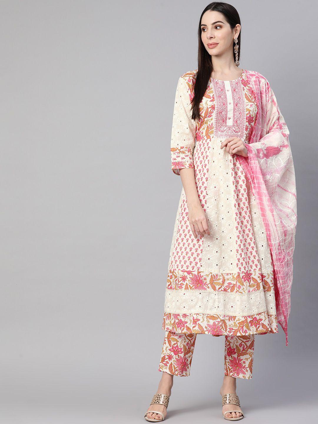 readiprint fashions women peach-coloured cotton floral print kurta & trousers with dupatta