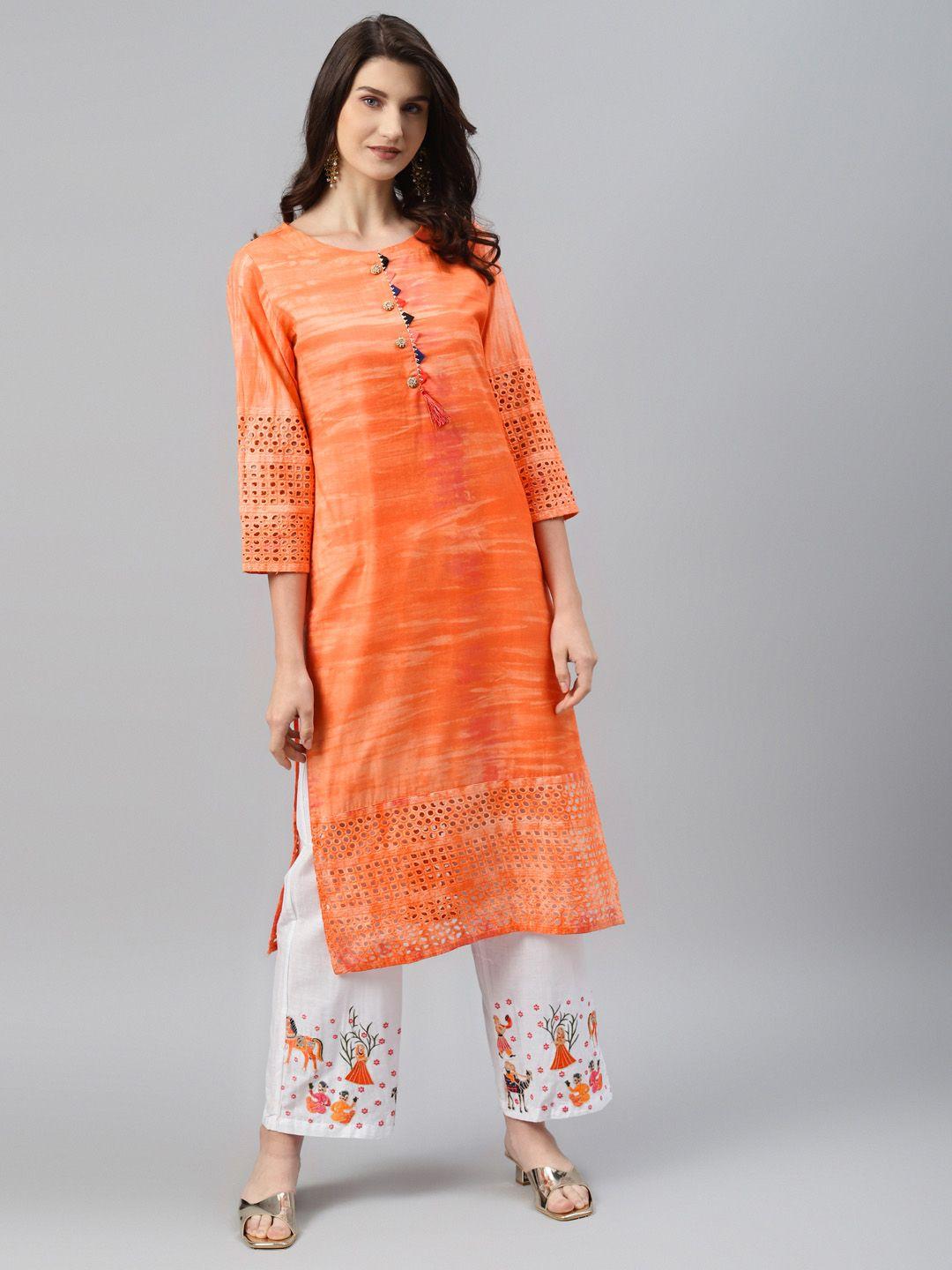 readiprint fashions women peach-coloured dyed regular kurta with palazzos