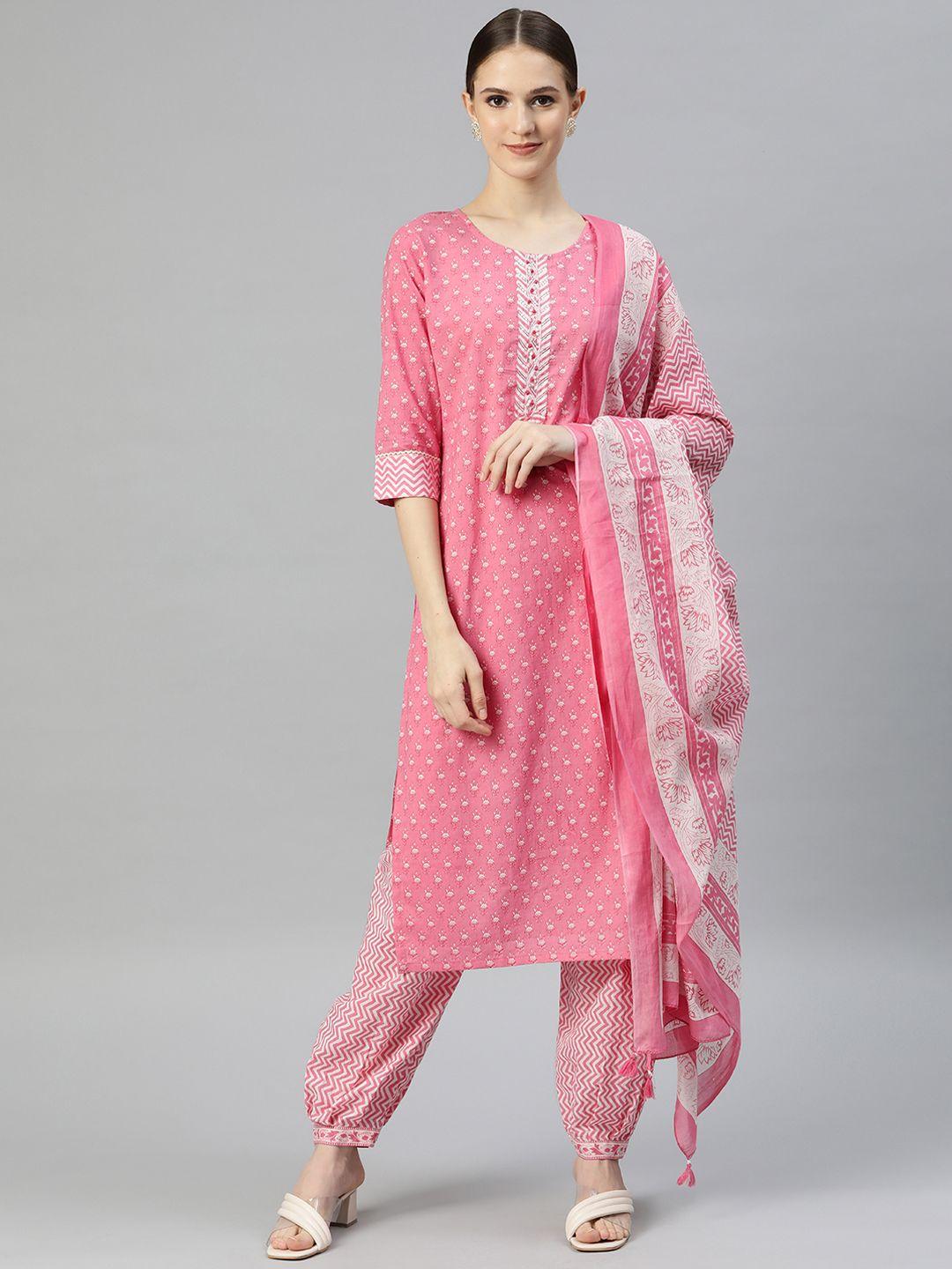 readiprint fashions women peach-coloured ethnic motifs printed pure cotton kurta with salwar & with dupatta