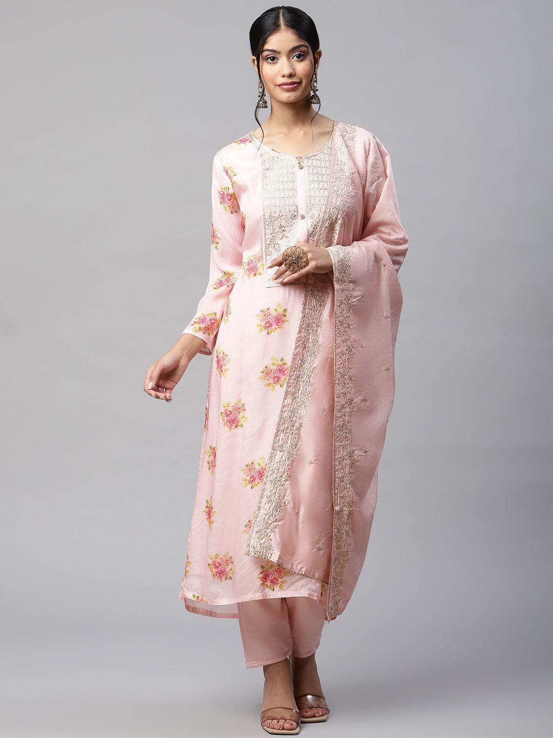 readiprint fashions women peach-coloured floral printed kurta with trousers & with dupatta