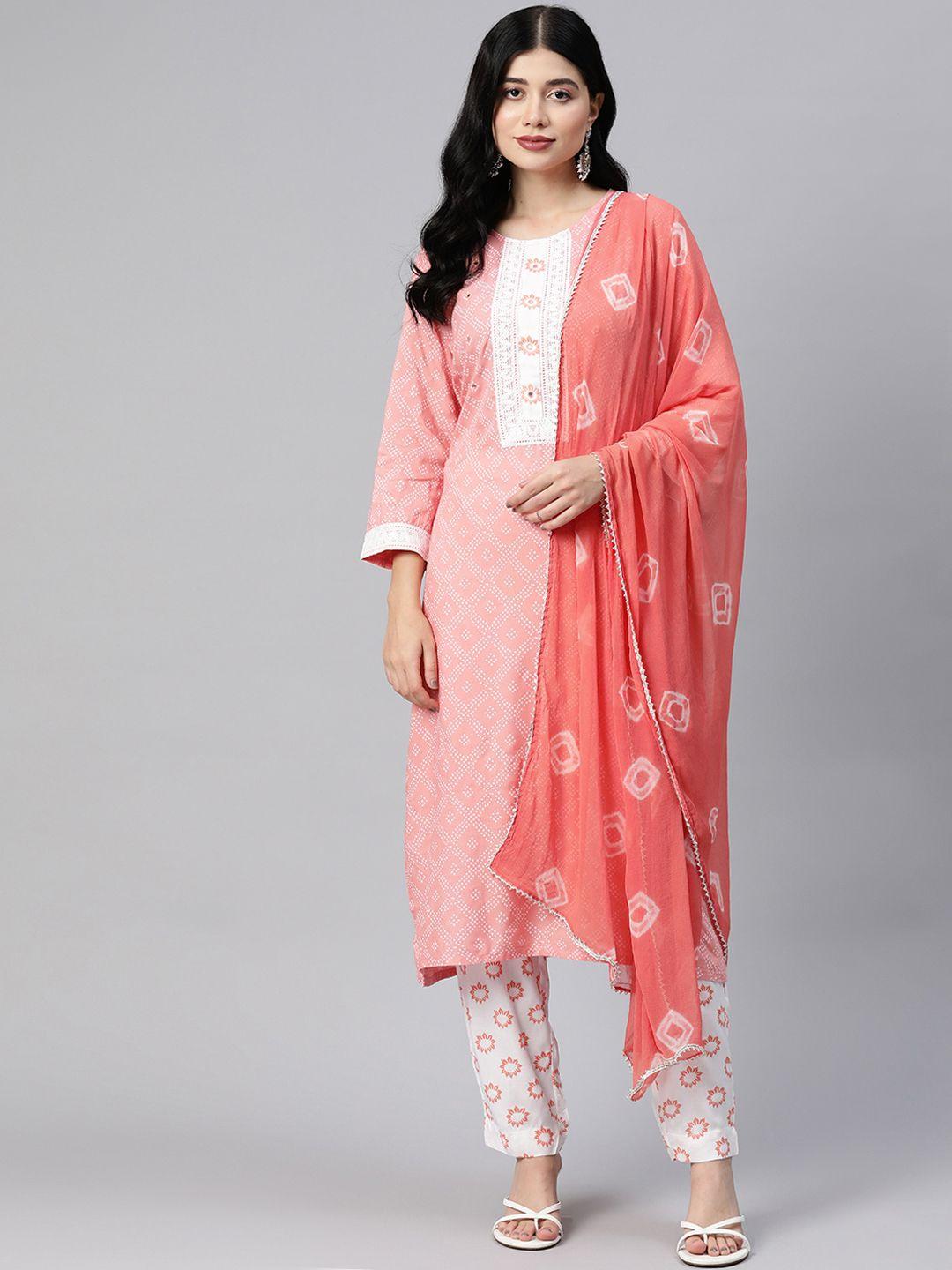 readiprint fashions women pink bandhani printed regular mirror work kurta with palazzos & with dupatta