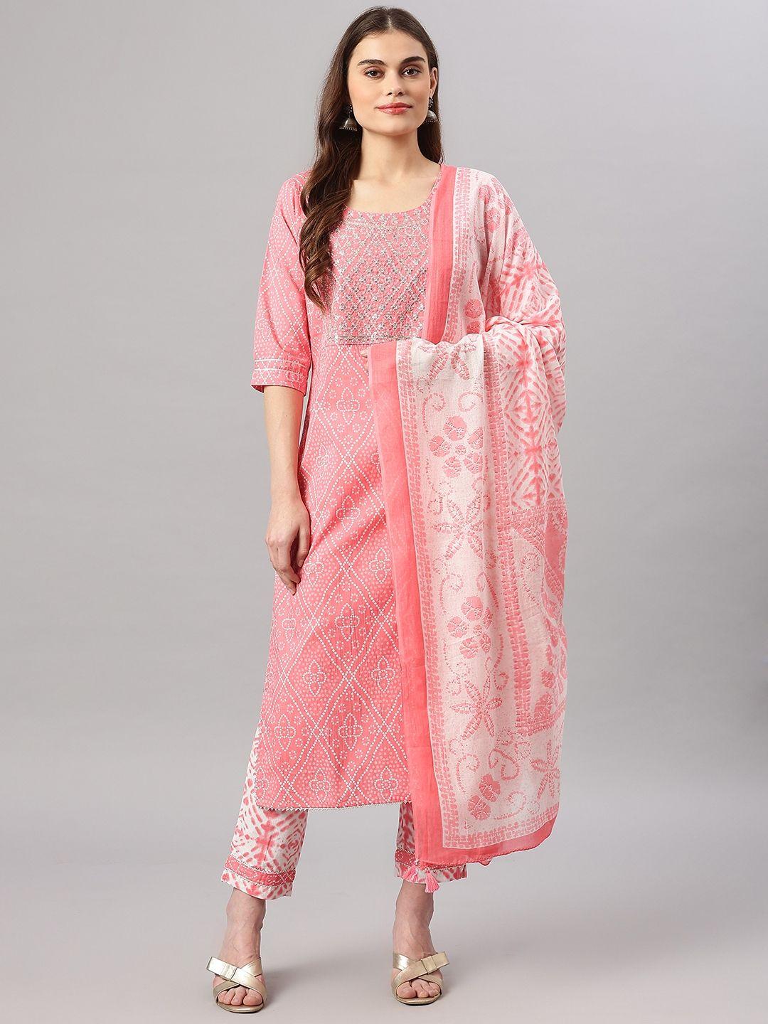 readiprint fashions women pink bandhani printed sequined pure cotton kurta set