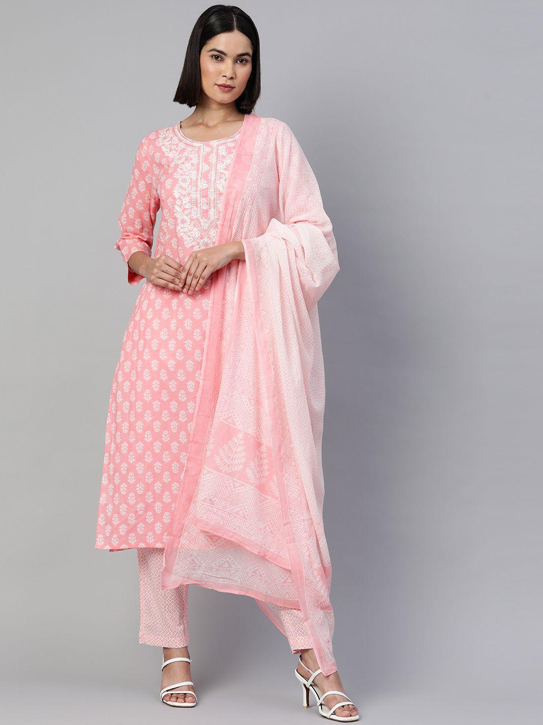 readiprint fashions women pink floral embroidered thread work pure cotton kurta with trousers & with dupatta