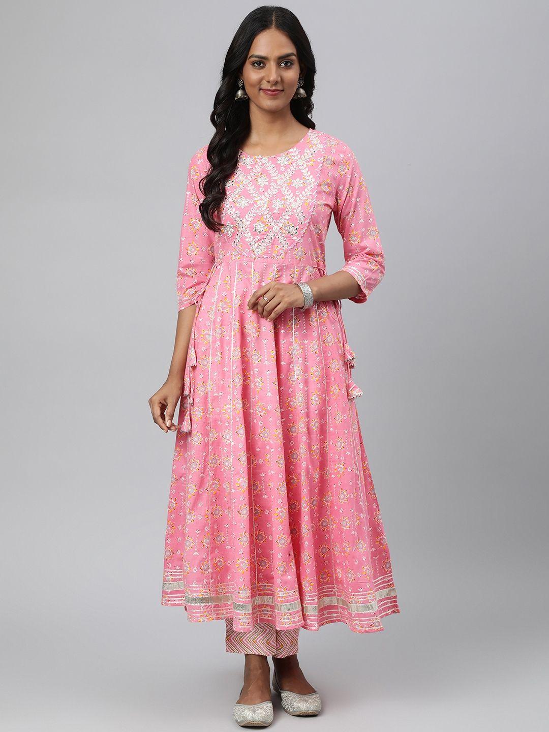 readiprint fashions women pink floral printed empire mirror work pure cotton kurta with trousers