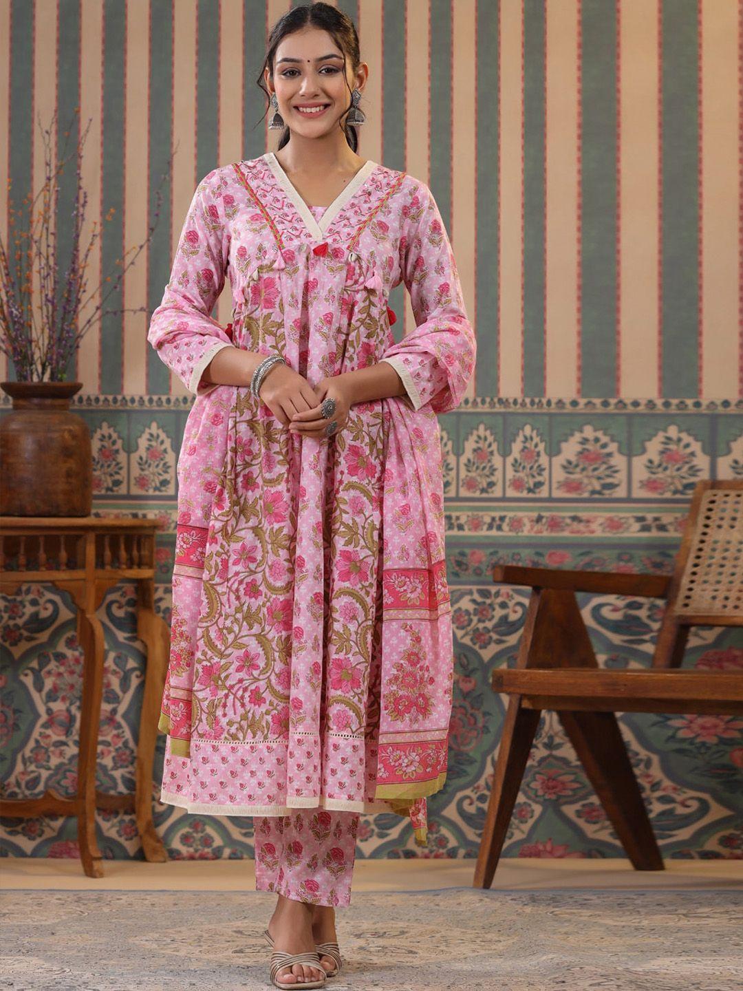 readiprint fashions women pink floral printed empire mirror work pure cotton kurti with palazzos