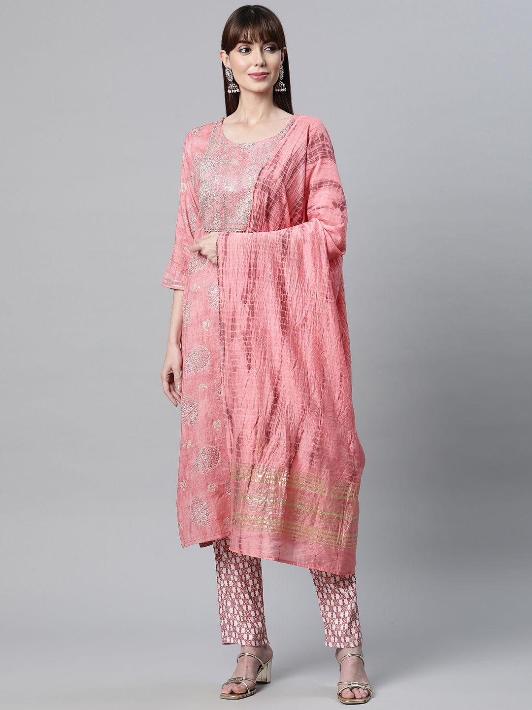 readiprint fashions women pink floral printed gotta patti kurta with palazzos & with dupatta