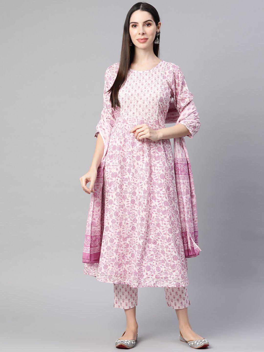 readiprint fashions women pink floral printed pure cotton kurta & trousers with dupatta