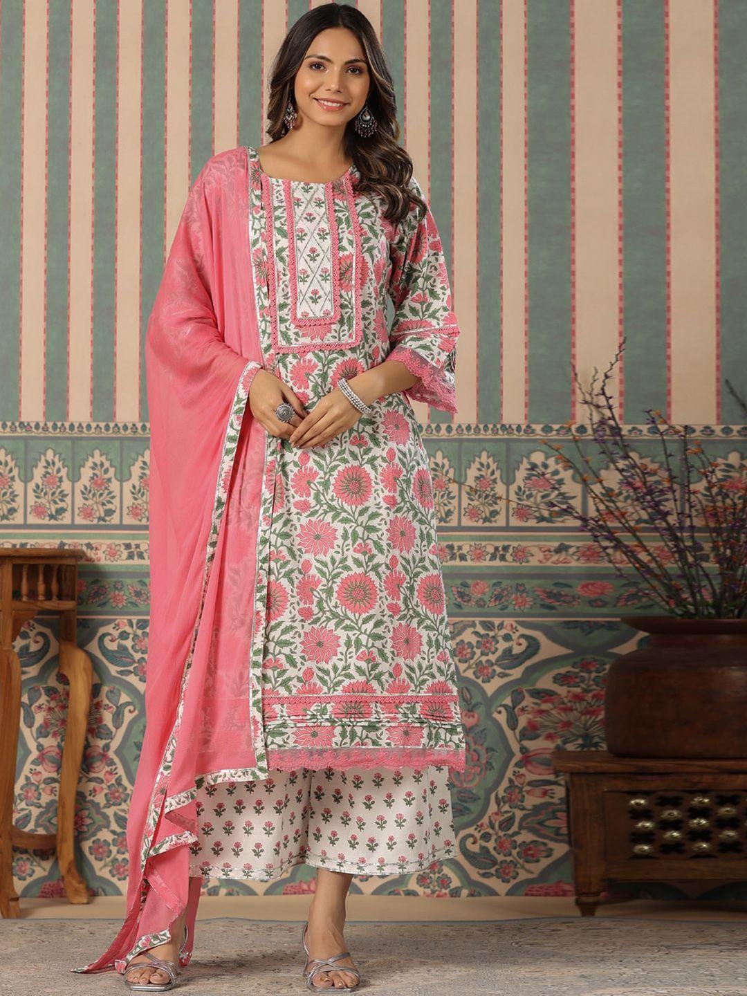 readiprint fashions women pink floral printed regular gotta patti pure cotton kurta with palazzos & with