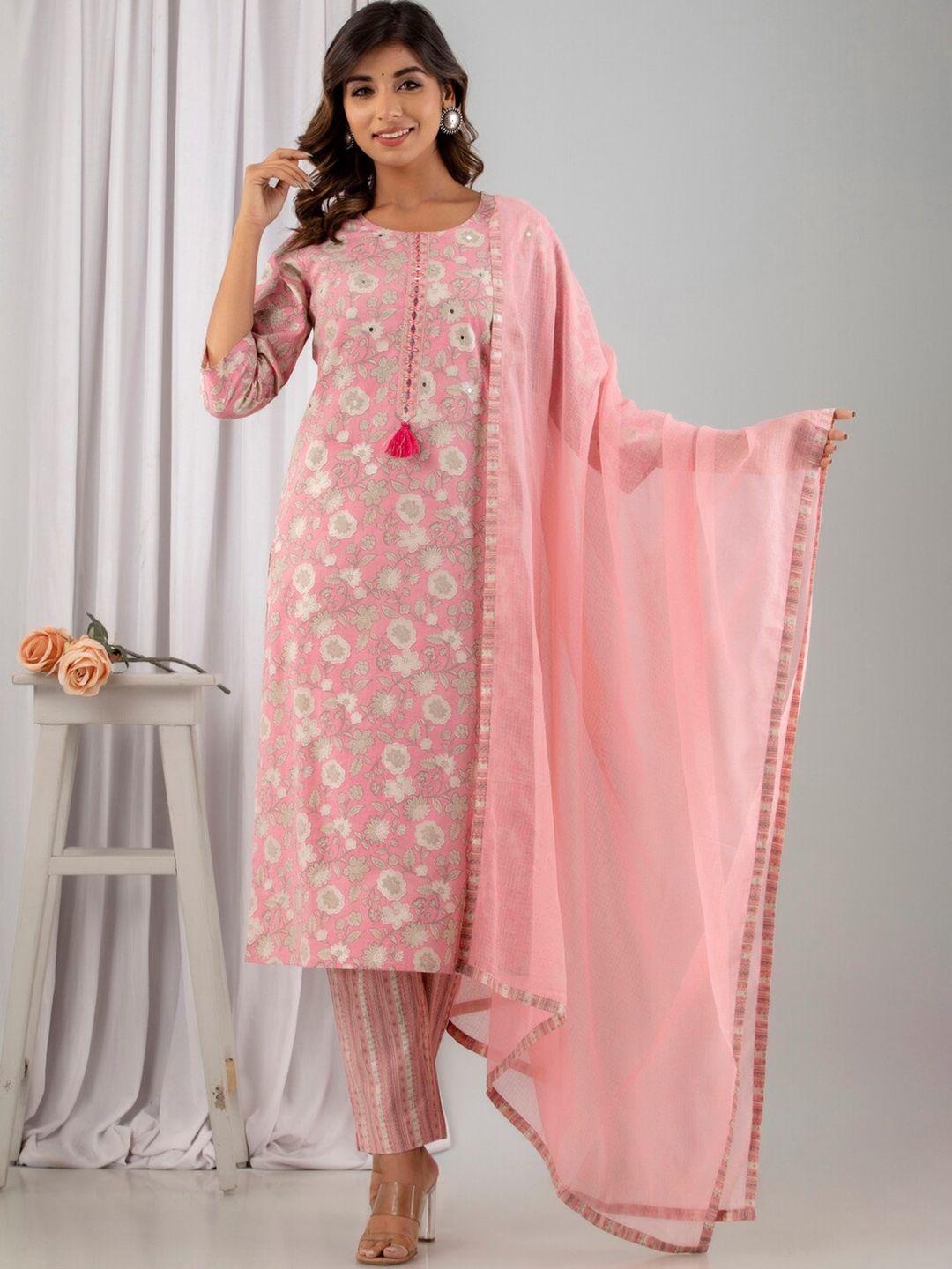 readiprint fashions women pink floral printed regular mirror work pure cotton kurta with palazzos & with