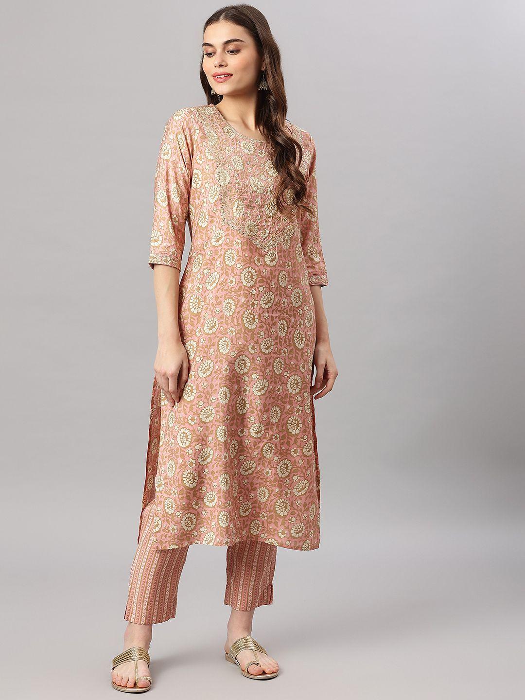 readiprint fashions women pink floral printed sequined kurta set
