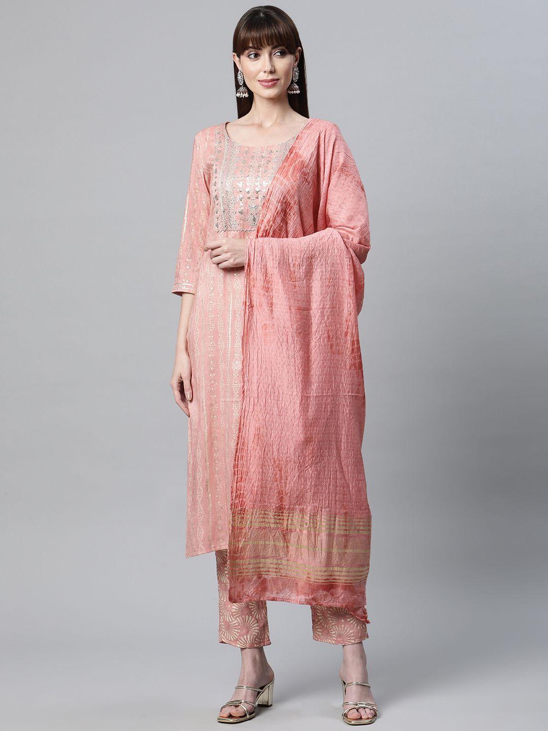 readiprint fashions women pink printed gotta patti kurta with palazzos & with dupatta