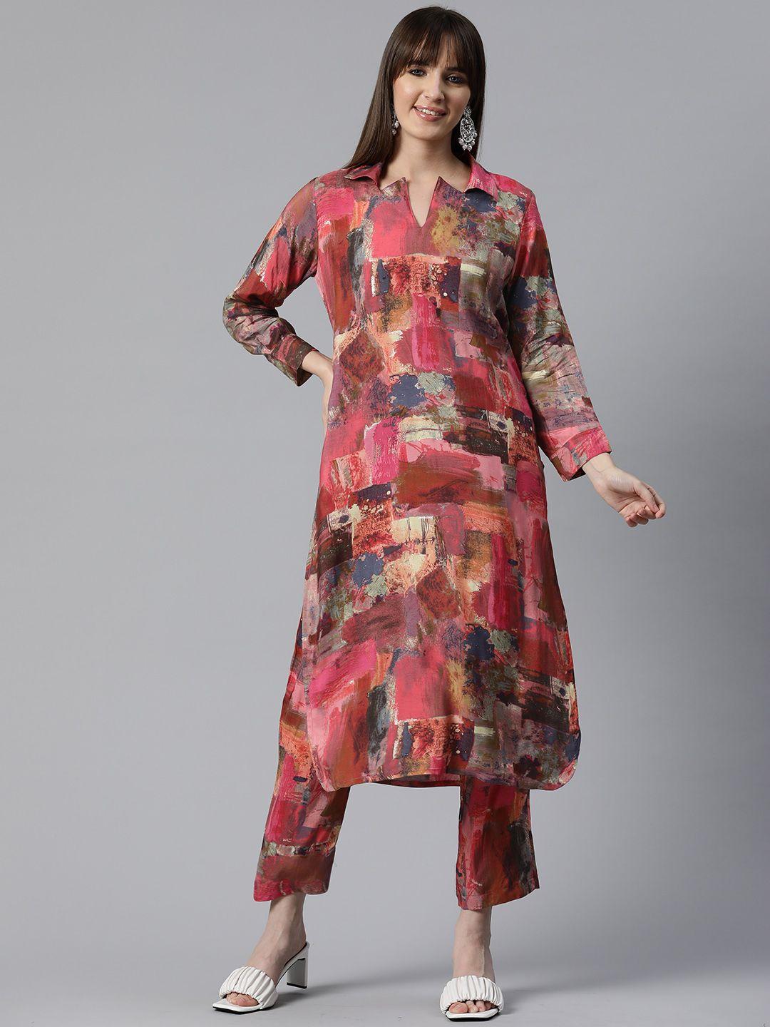 readiprint fashions women printed regular pure silk kurta with trousers