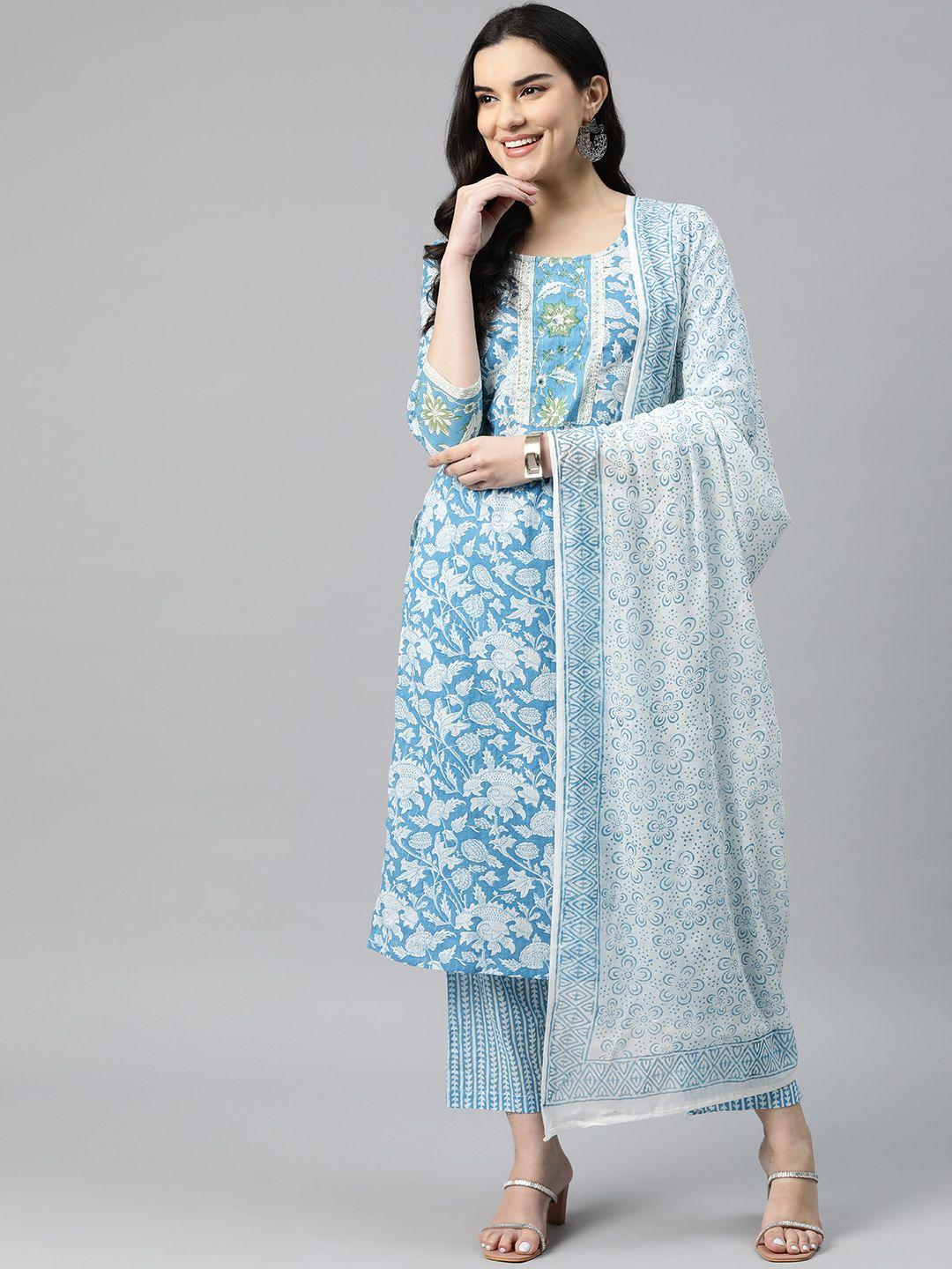 readiprint fashions women printed sequinned pure cotton kurta with palazzos & with dupatta