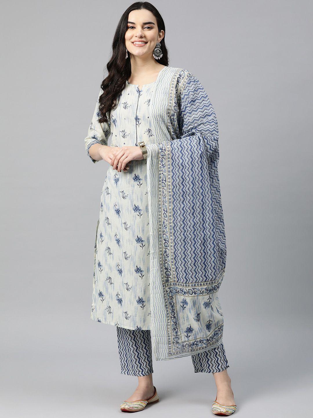 readiprint fashions women printed thread work cotton kurta with palazzos & with dupatta