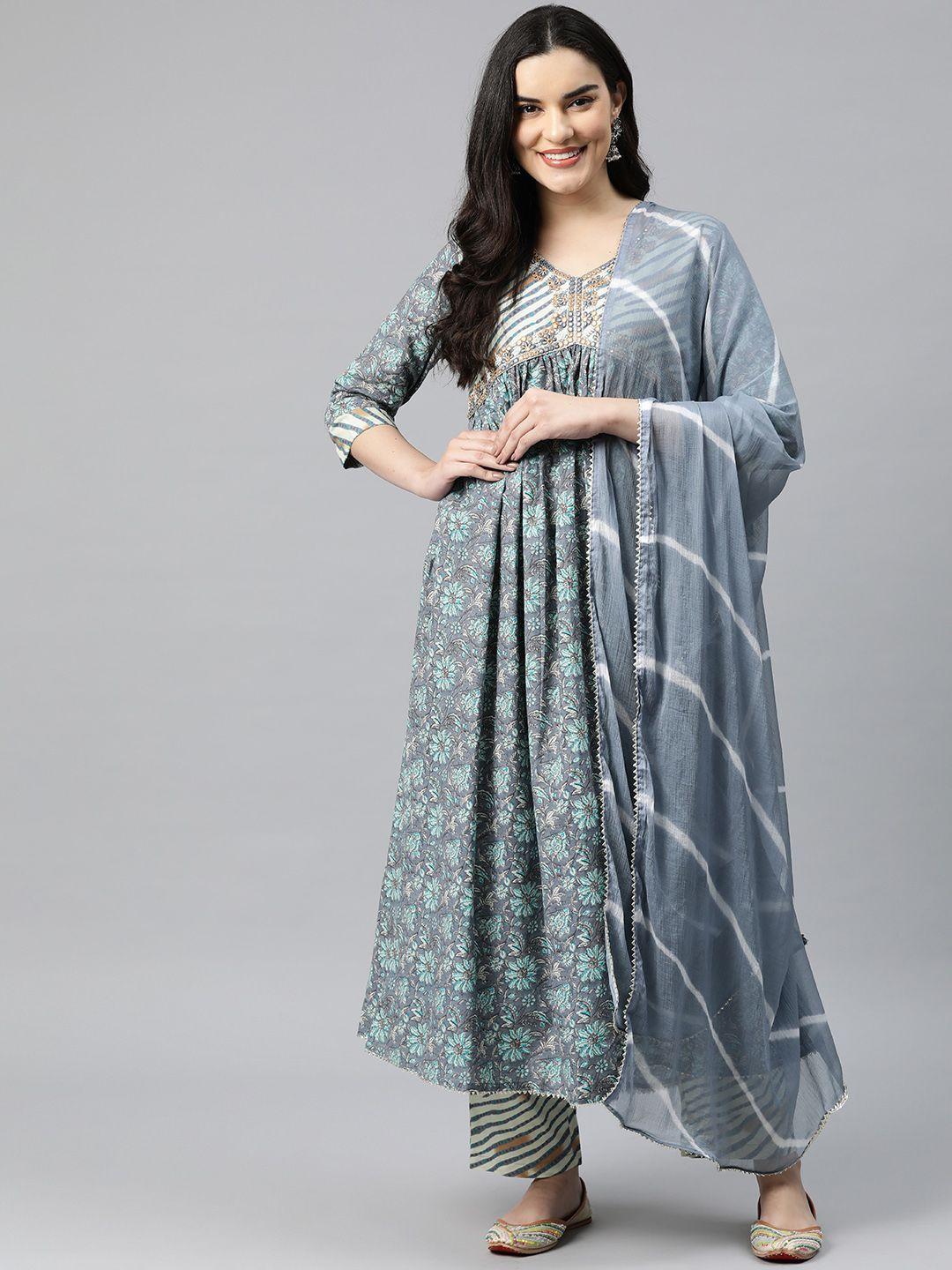 readiprint fashions women printed thread work cotton kurta with palazzos & with dupatta