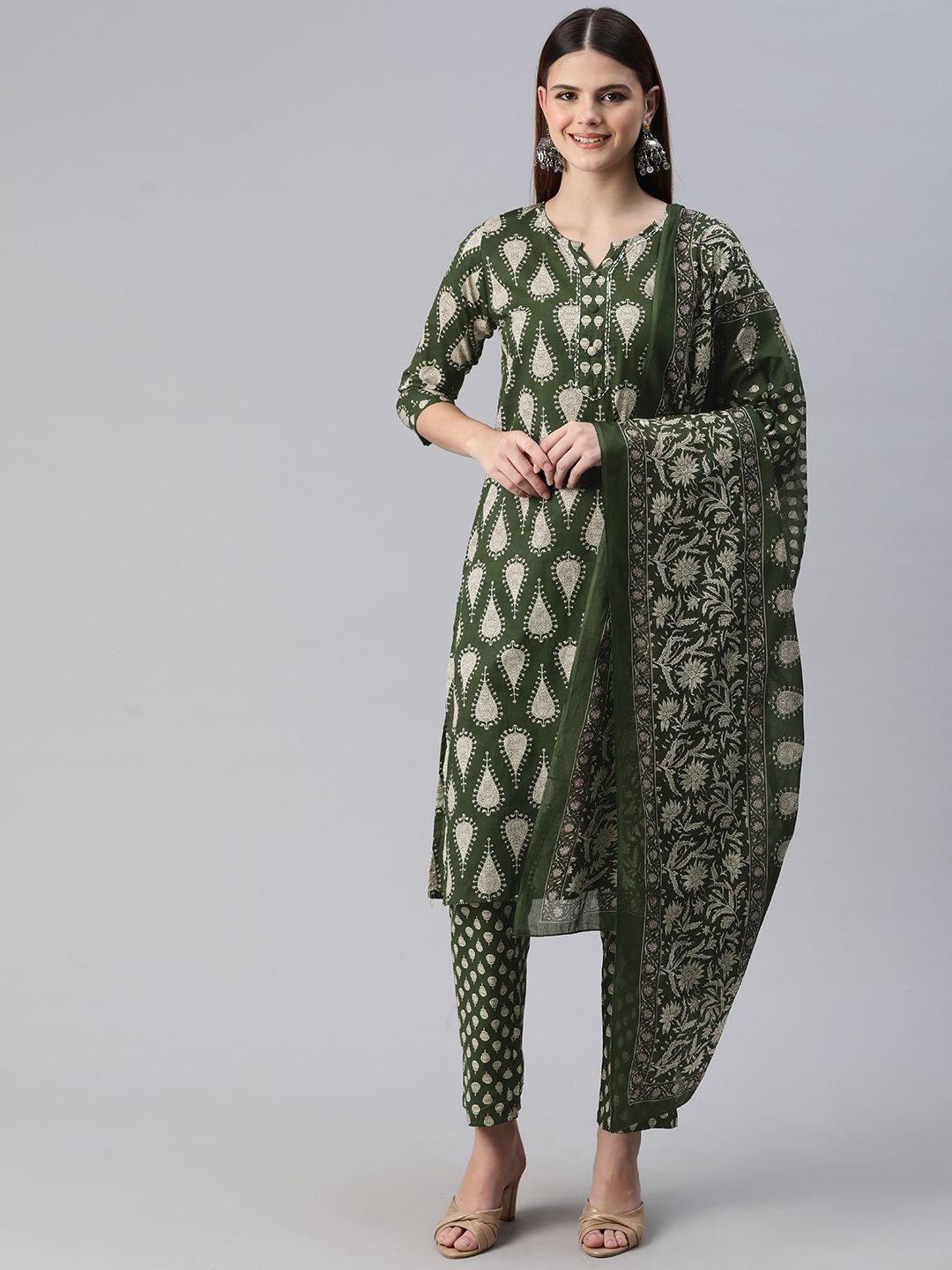 readiprint fashions women printed thread work cotton kurta with trousers & with dupatta