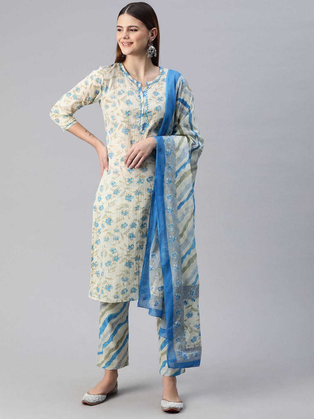 readiprint fashions women printed thread work cotton kurta with trousers & with dupatta