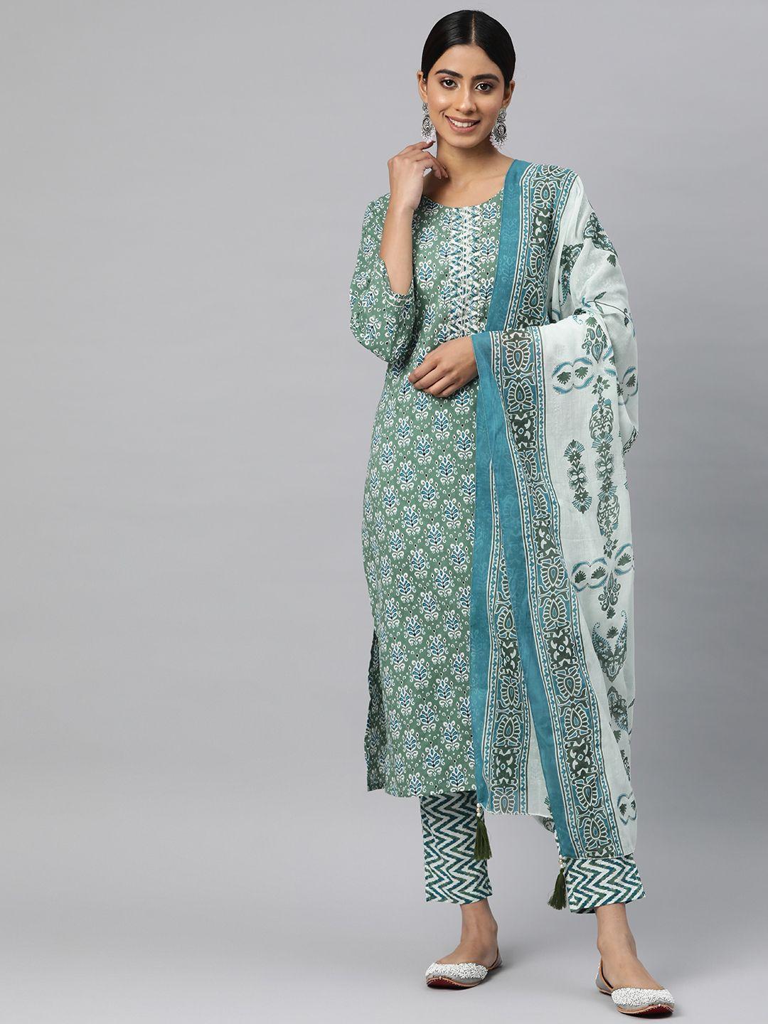 readiprint fashions women printed thread work kurta with trousers & with dupatta