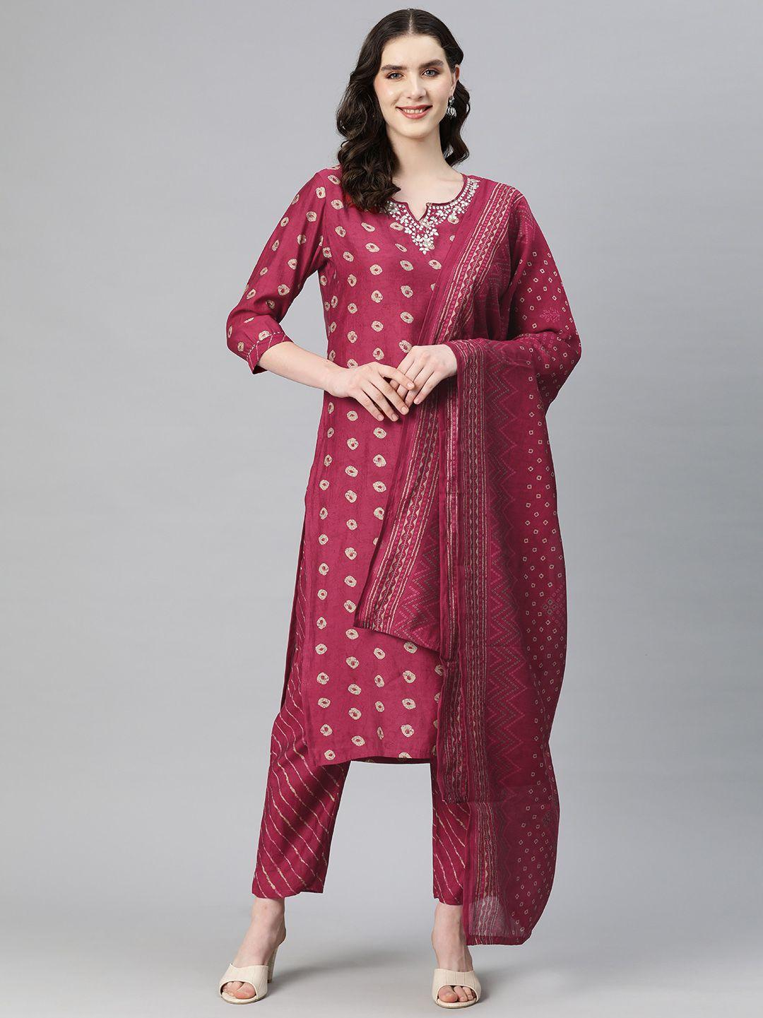 readiprint fashions women printed thread work pure silk kurta with trousers & with dupatta