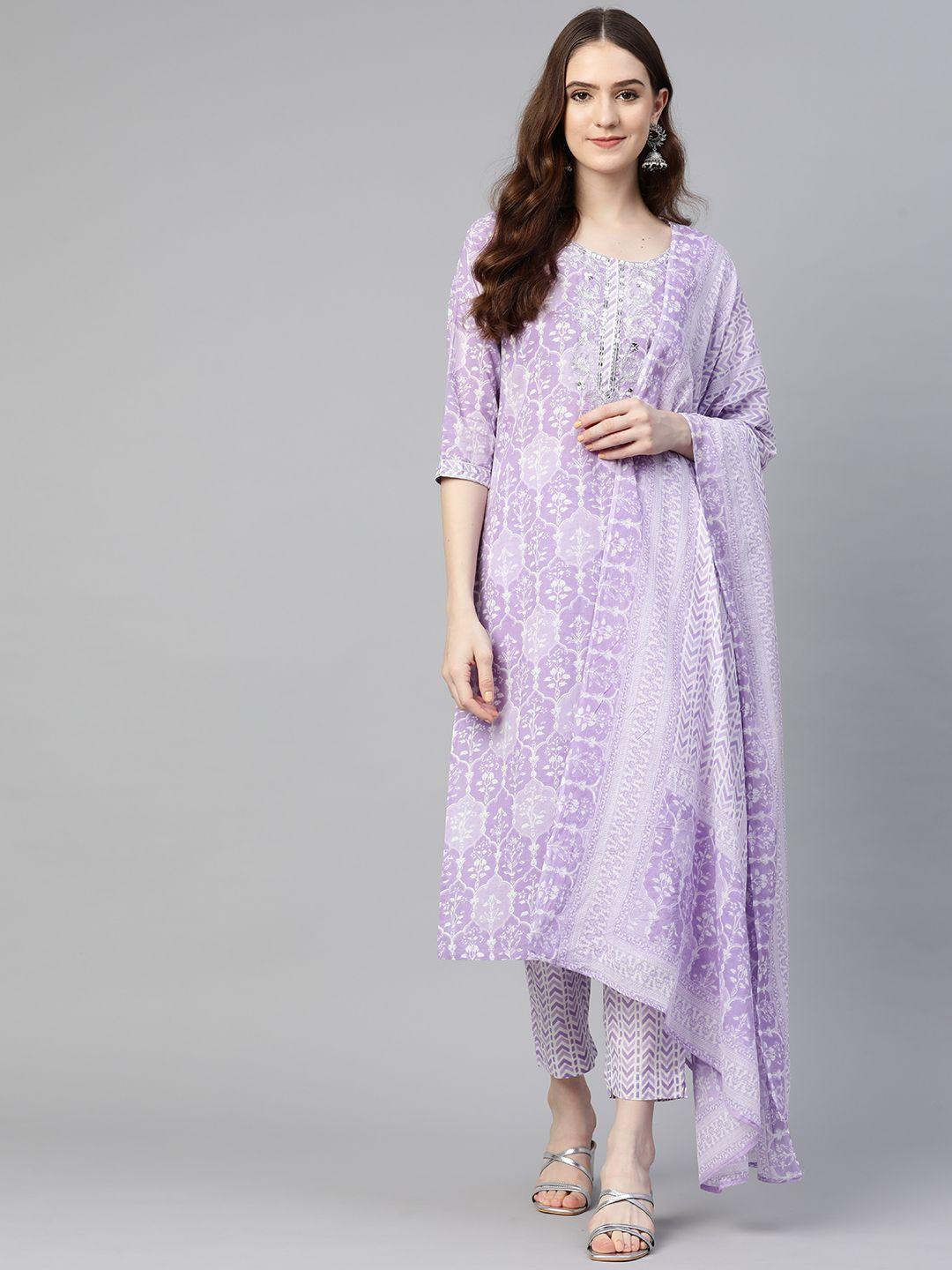 readiprint fashions women purple embroidered kurta with trousers & with dupatta