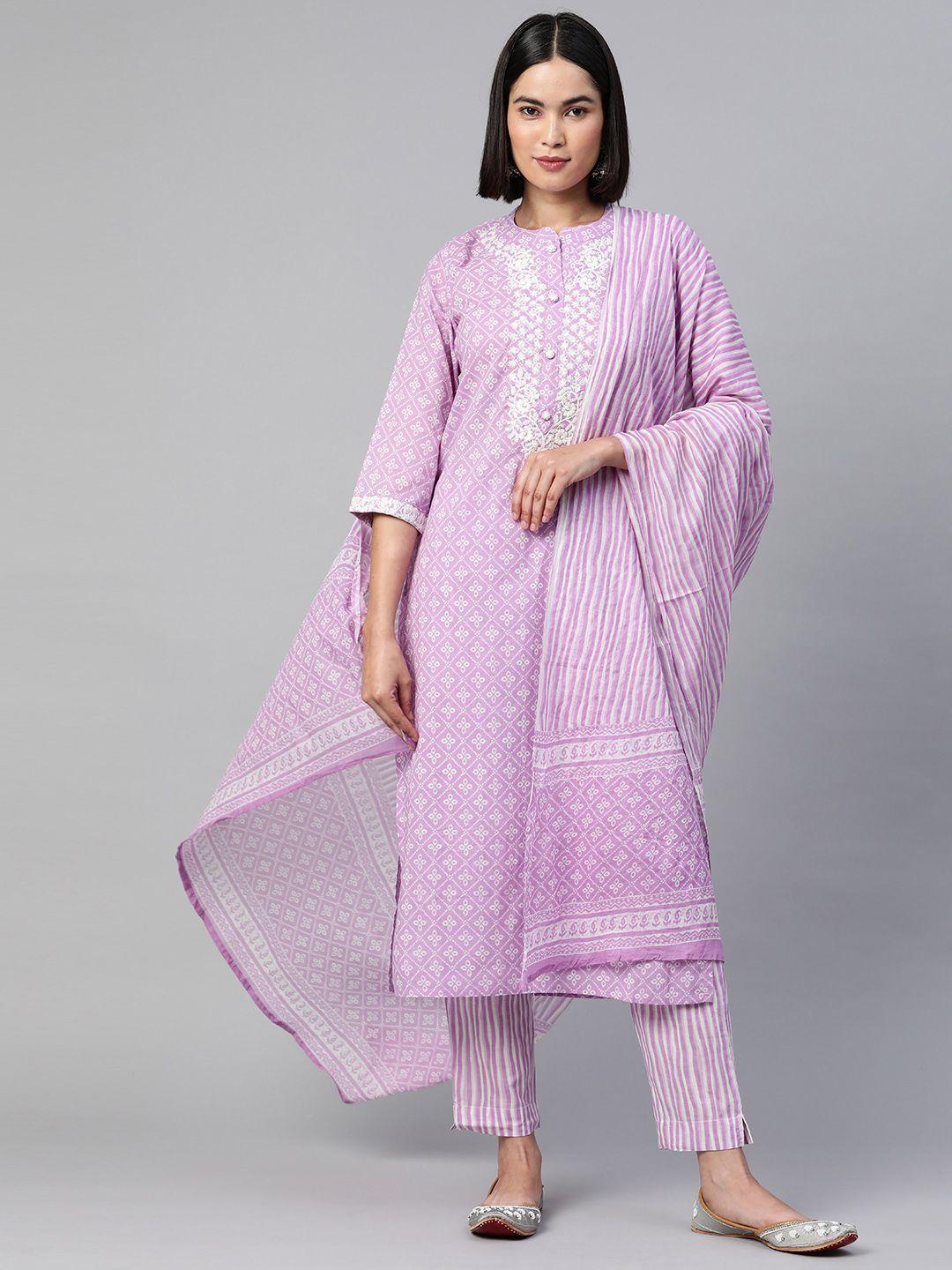 readiprint fashions women purple floral embroidered thread work pure cotton kurta set