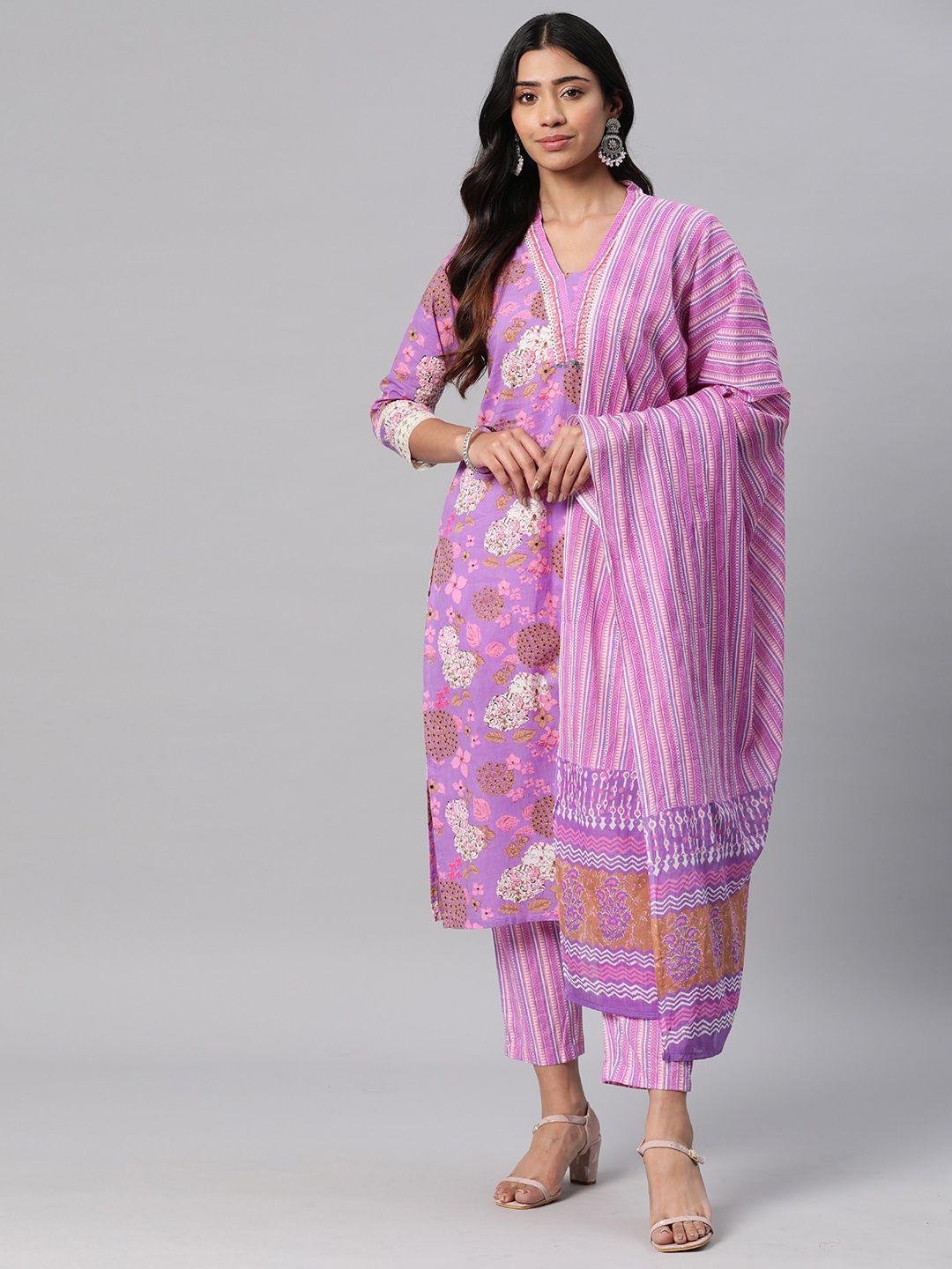 readiprint fashions women purple floral printed regular pure cotton kurta with trousers & with dupatta