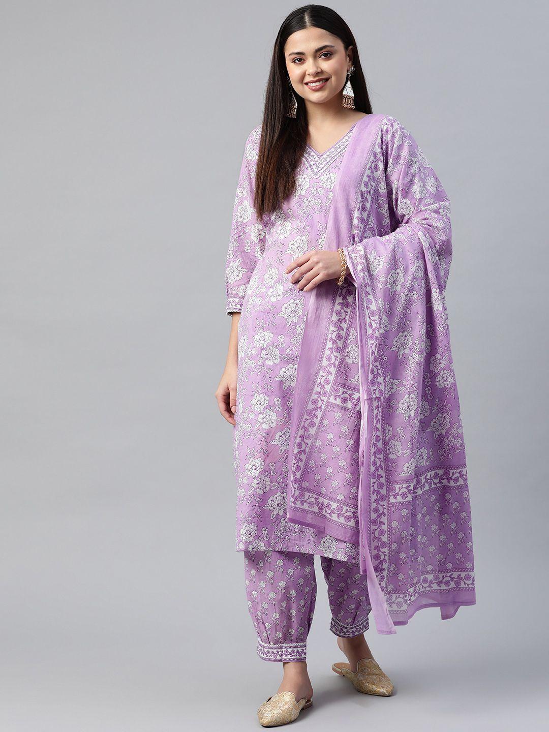 readiprint fashions women purple floral printed sequinned pure cotton kurta set