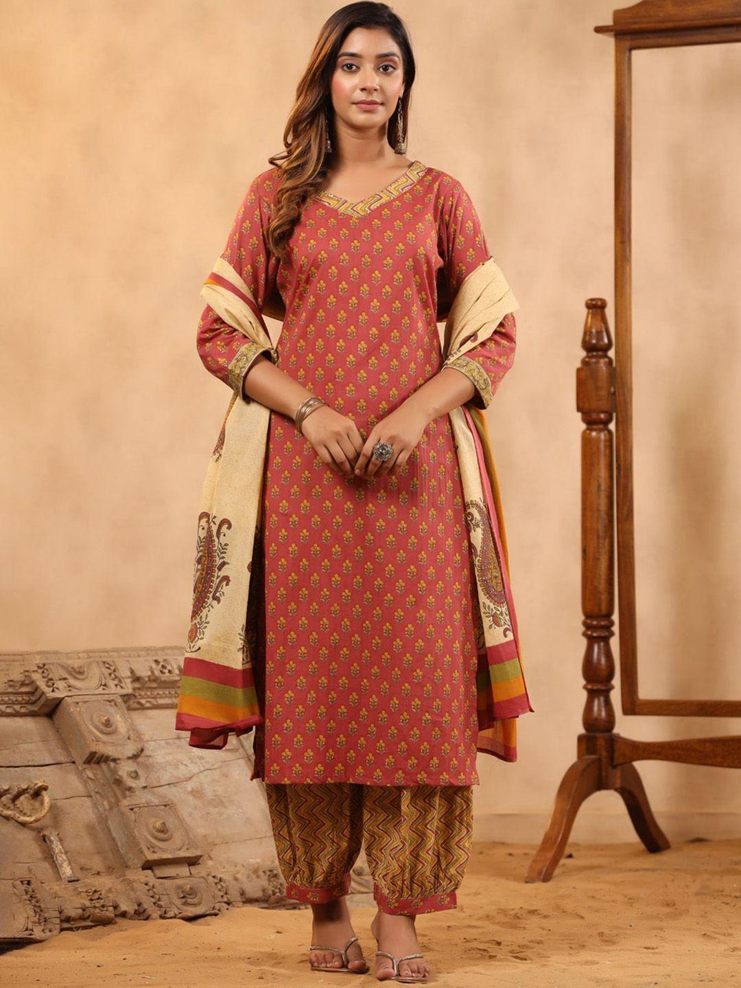 readiprint fashions women red floral printed regular pure cotton kurta with salwar & with dupatta