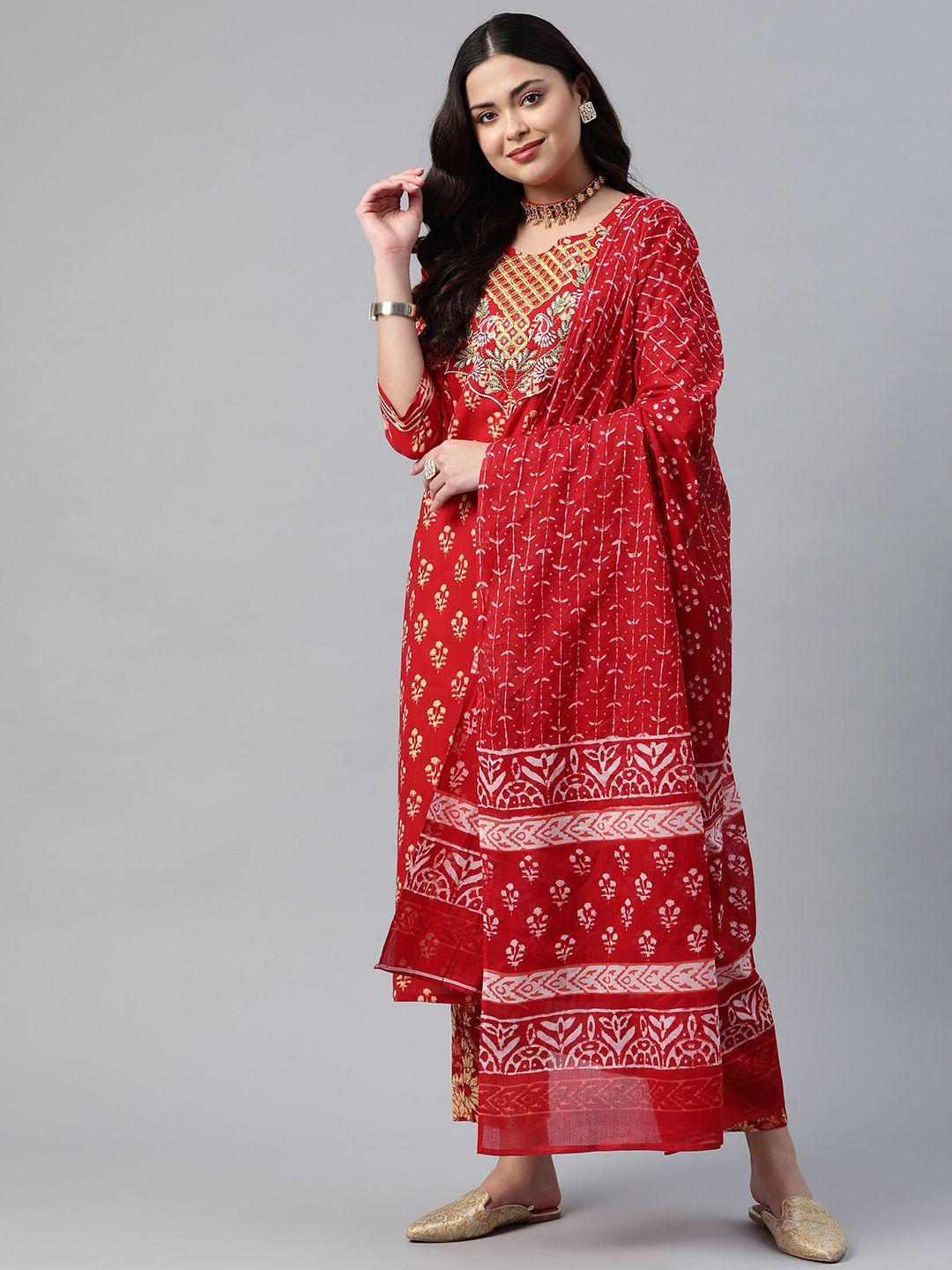 readiprint fashions women red floral printed thread work pure cotton kurta set