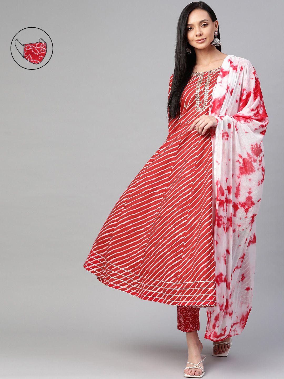 readiprint fashions women red leheriya printed empire gotta patti pure cotton kurta set